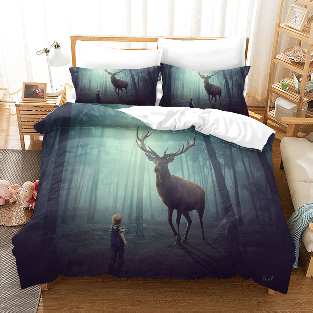 3D Night Forest Tree Deer Child Quilt Cover Set Bedding Set Duvet Cover Pillowcases 1147