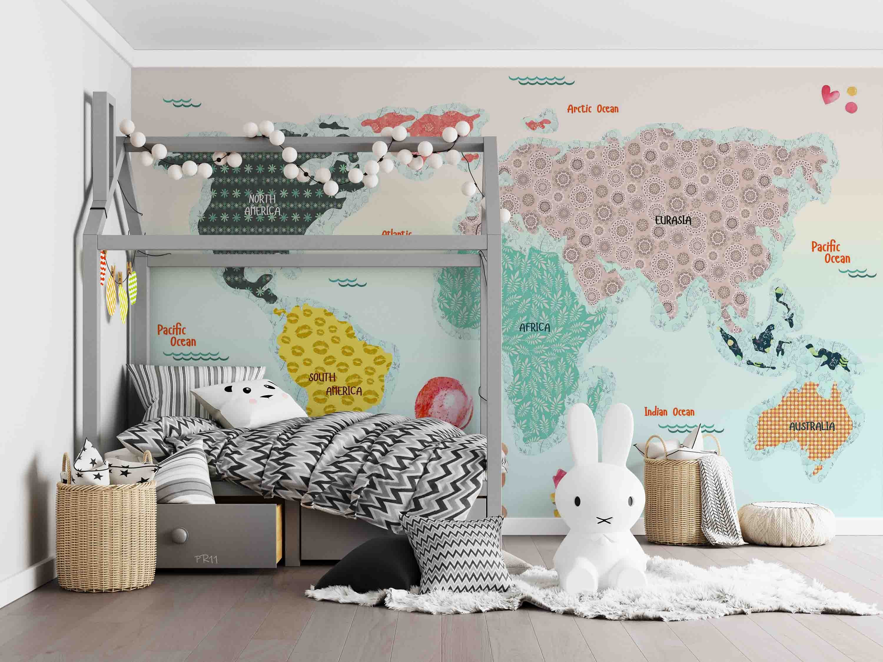 3D Cartoon Colorful World Map Wall Mural Wallpaper GD 4897- Jess Art Decoration
