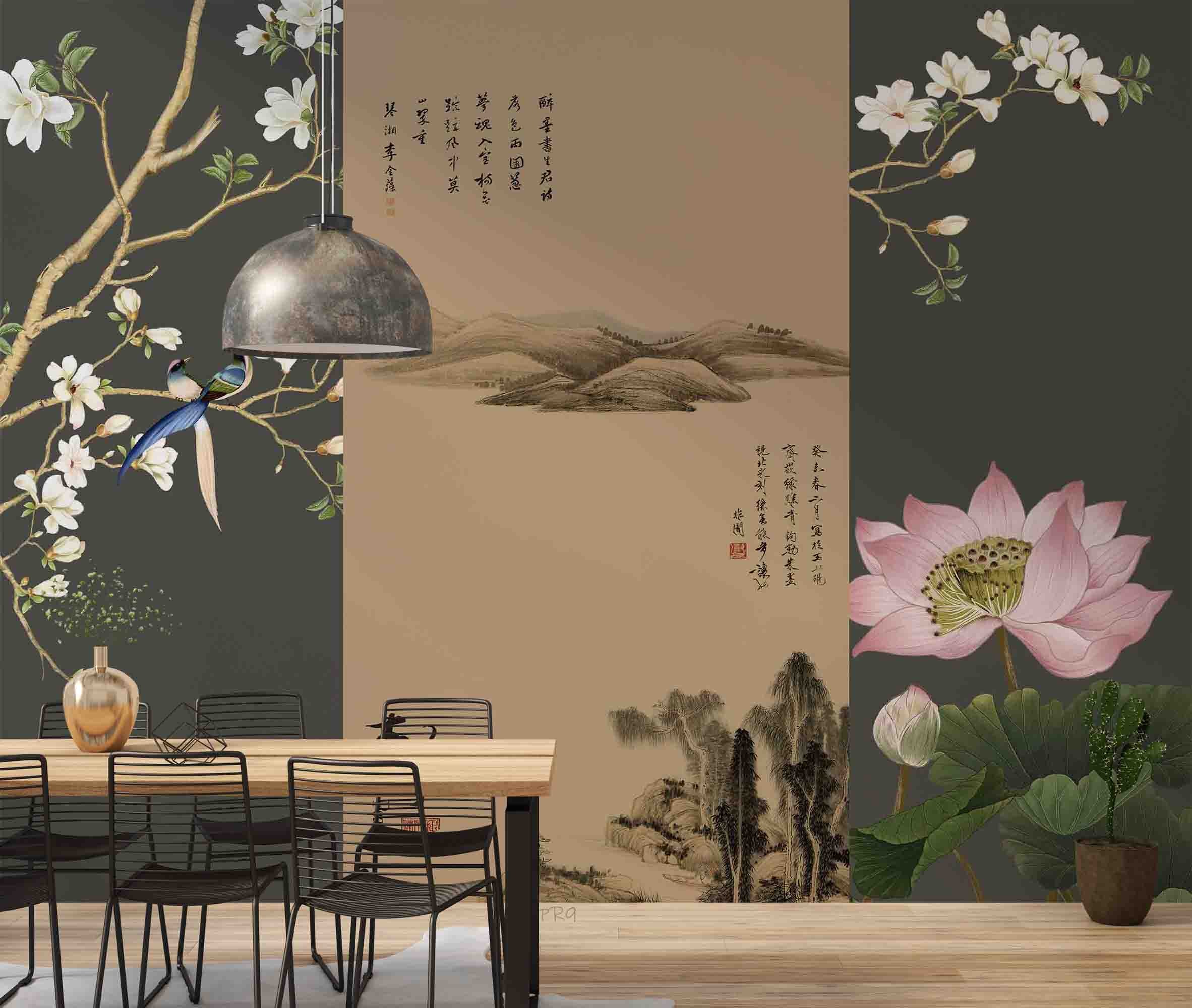 3D Chinese Landscape Painting Magnolia Bird Lotus Wall Mural Wallpaper GD 4649- Jess Art Decoration