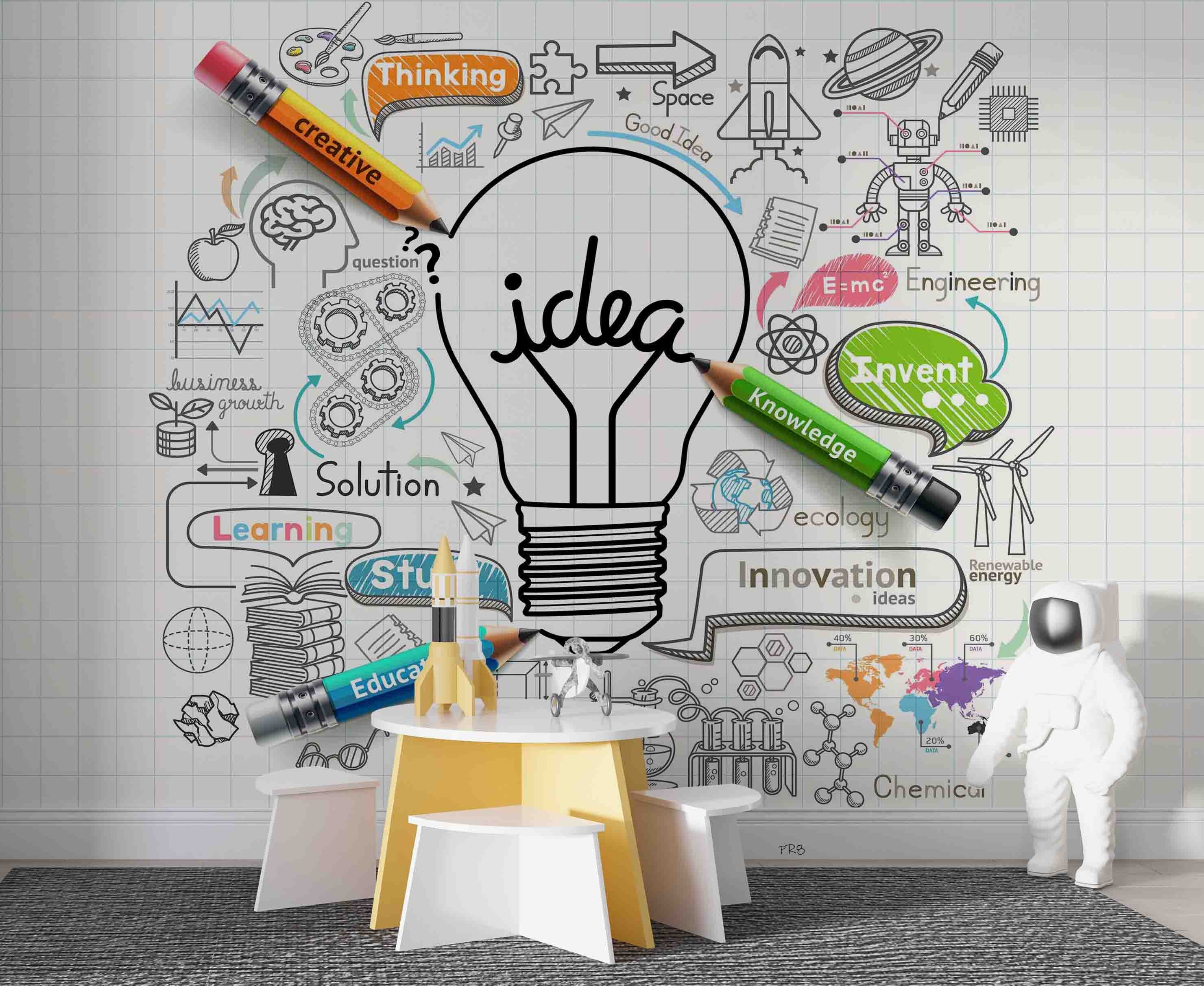3D Light Bulb Idea Concept Doodle Icon Set Wall Mural Wallpaper GD 4536- Jess Art Decoration