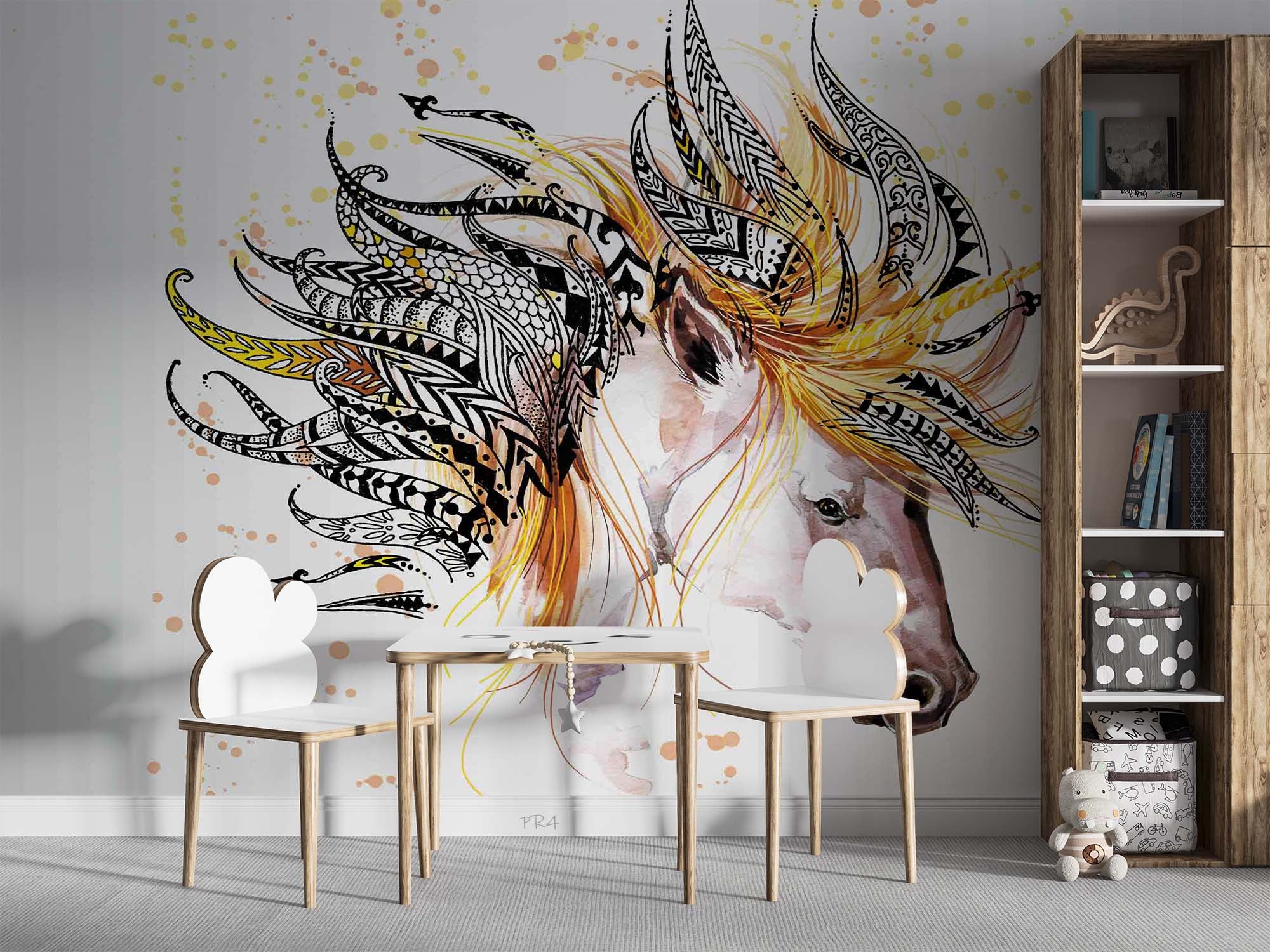 3D Watercolor Horse Colorful Feather Wall Mural Wallpaper GD 3993- Jess Art Decoration