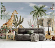 3D Animal Tree Giraffe Elephant  Flamingo Cheetah Parrot Monkey Wall Mural Wallpaper YXL 2556