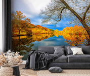 3D Yellow Forest Lake Trees Autumn Landscape Wall Mural Wallpaper JN 396