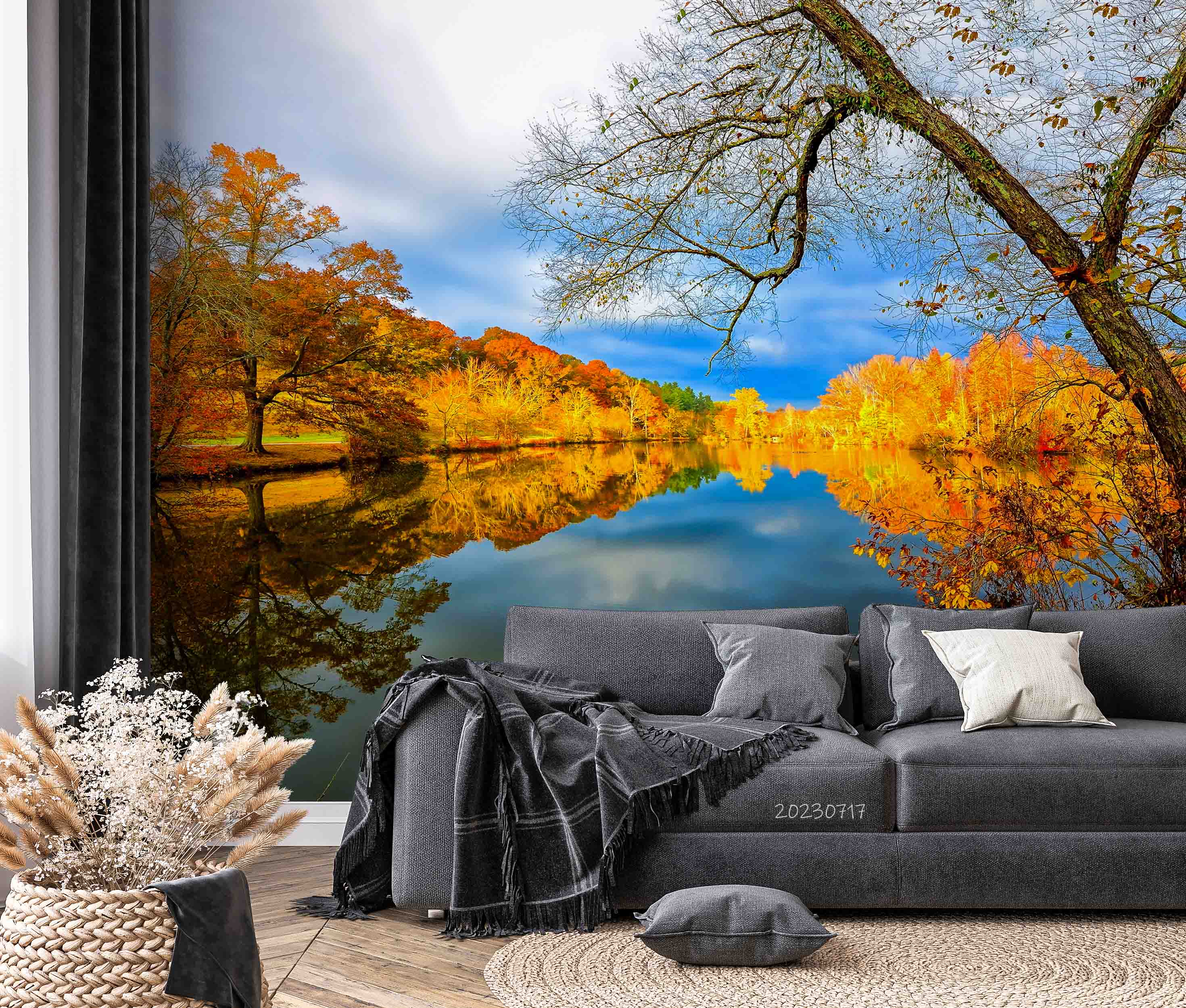 3D Yellow Forest Lake Trees Autumn Landscape Wall Mural Wallpaper JN 396
