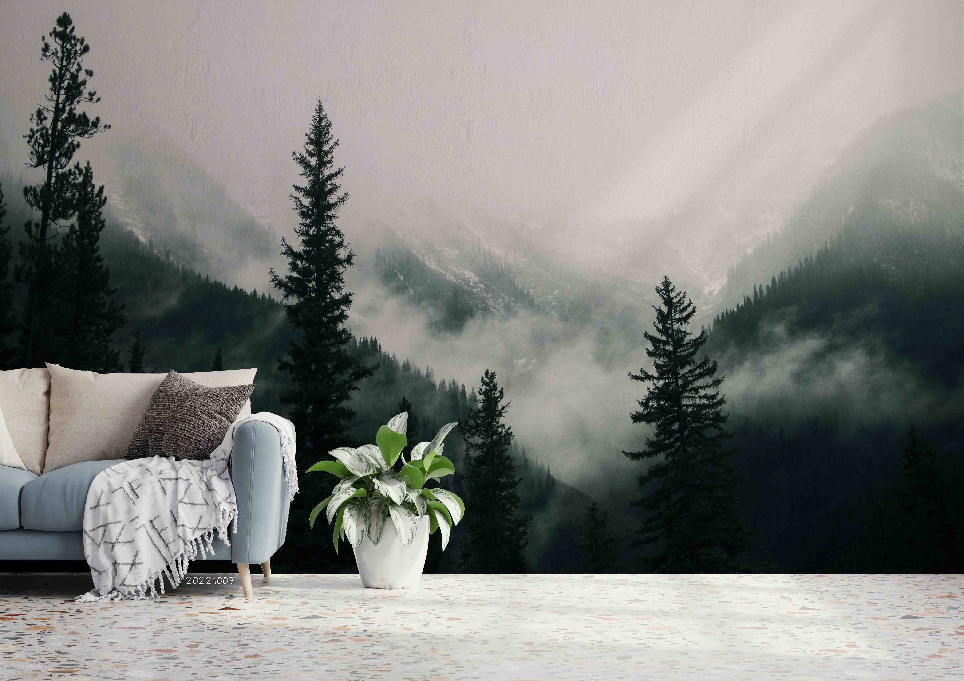 3D Tall Trees Forest Mountains Covered Fog Wall Mural Wallpaper GD 3209- Jess Art Decoration