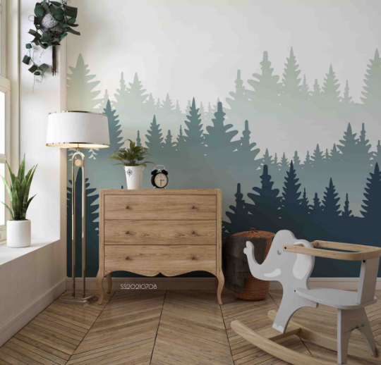 3D Misty Forest Fog minimal misty pine forest wall mural wallpaper for nursery - view 2