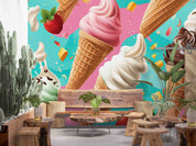 3D Ice Cream Strawberry Blue Wall Mural Wallpaper YXL 2336
