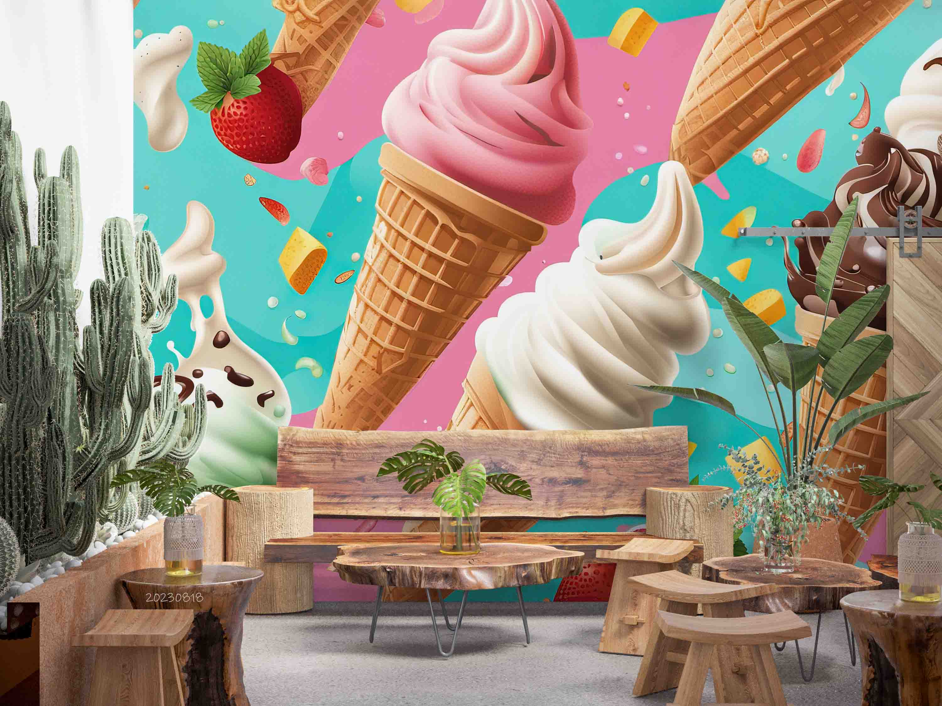 3D Ice Cream Strawberry Blue Wall Mural Wallpaper YXL 2336