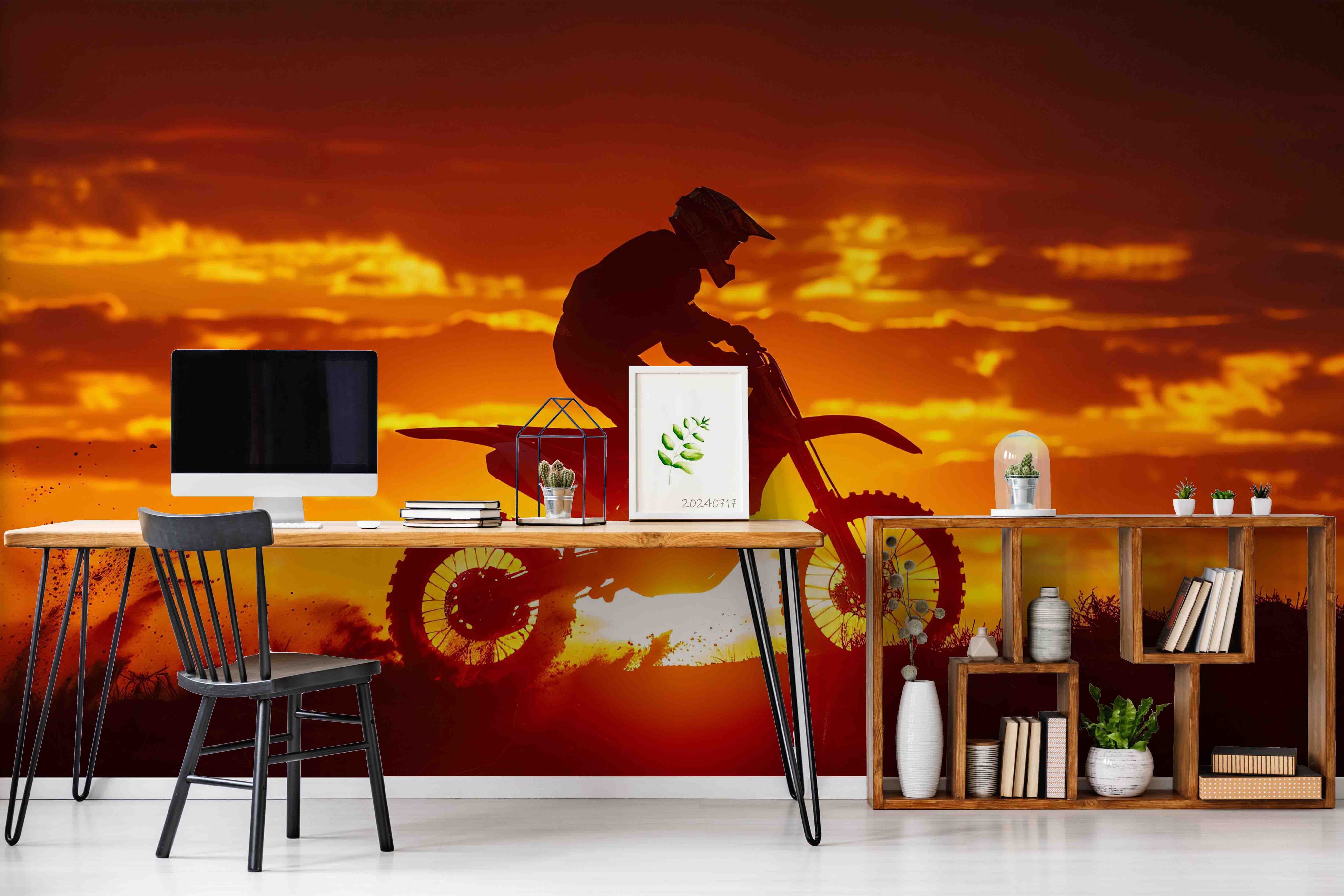 3D Tree Mountain Sunlight Sky Cloud Person Motorbike Wall Mural Wallpaper YXL 62