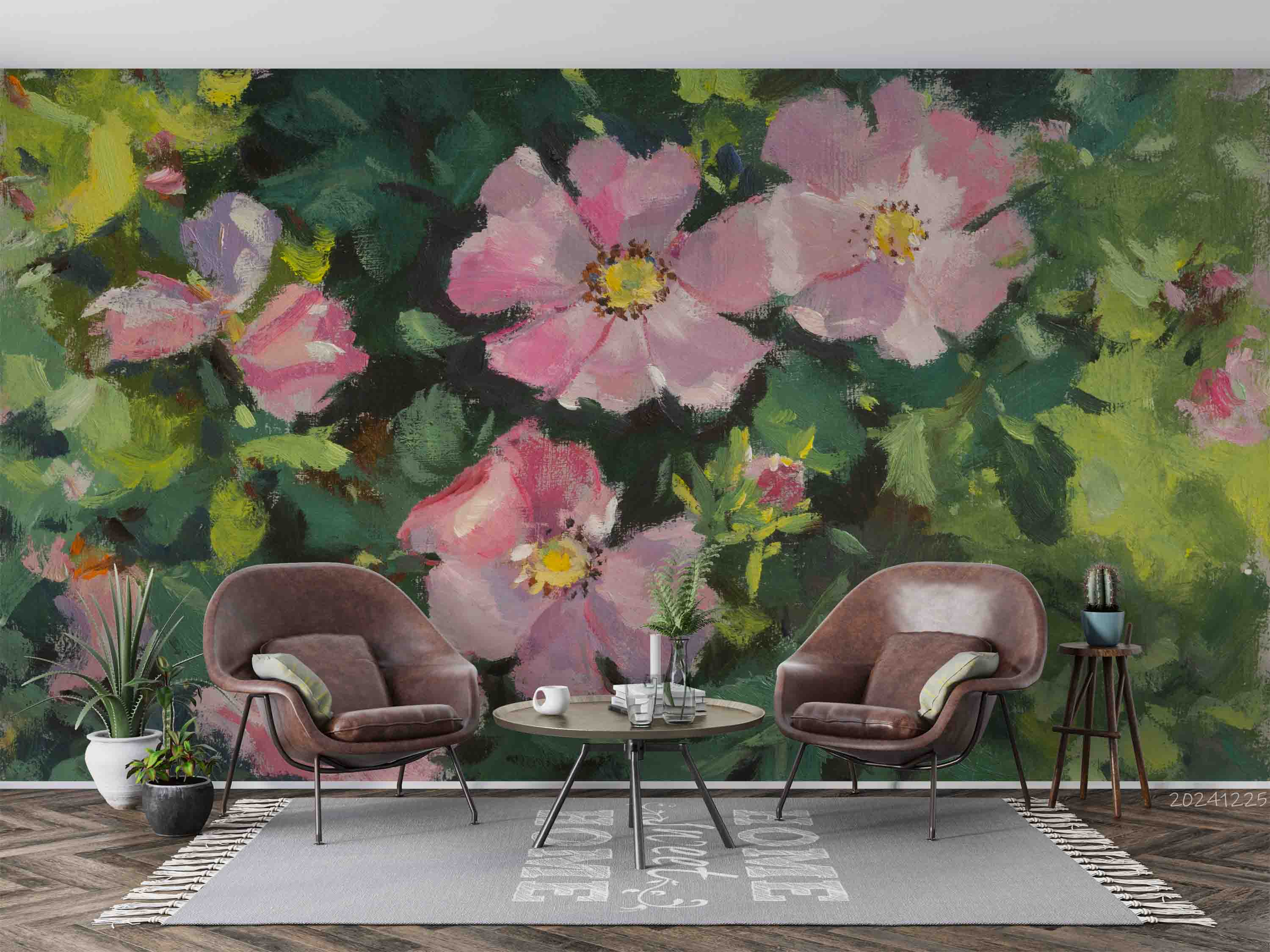 3D Pink Floral Green Leaves Oil Painting Wallpaper Wall Mural Wall Decor Wall Art Wall Sticker Remoable Wallpaper LQH 34
