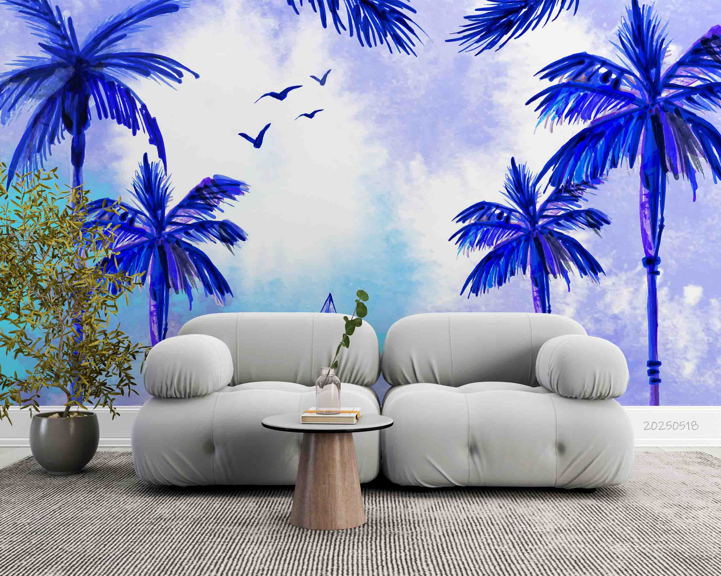 3D Watercolor Blue Coconut Tree Landscape Oil Painting Wallpaper Wall Mural Wall Decor Wall Art Wall Sticker Remoable Wallpaper