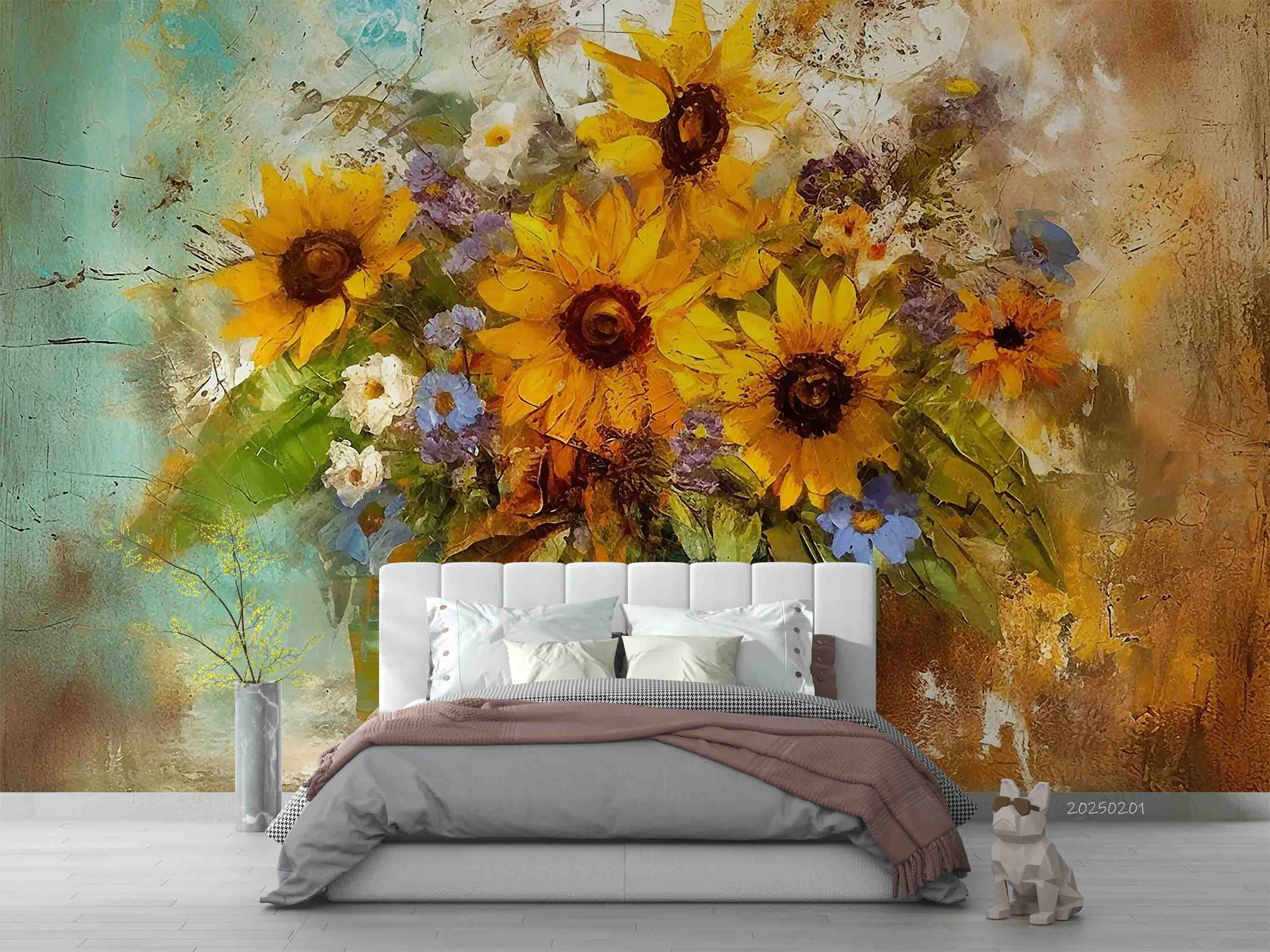 3D Yellow Sunflower Flower Oil Painting Wallpaper Wall Mural Wall Decor Wall Art Wall Sticker Remoable Wallpaper LQH 40