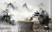 3D Tree Mountain Pavilion Fog Wall Mural Wallpaper YXL 2975