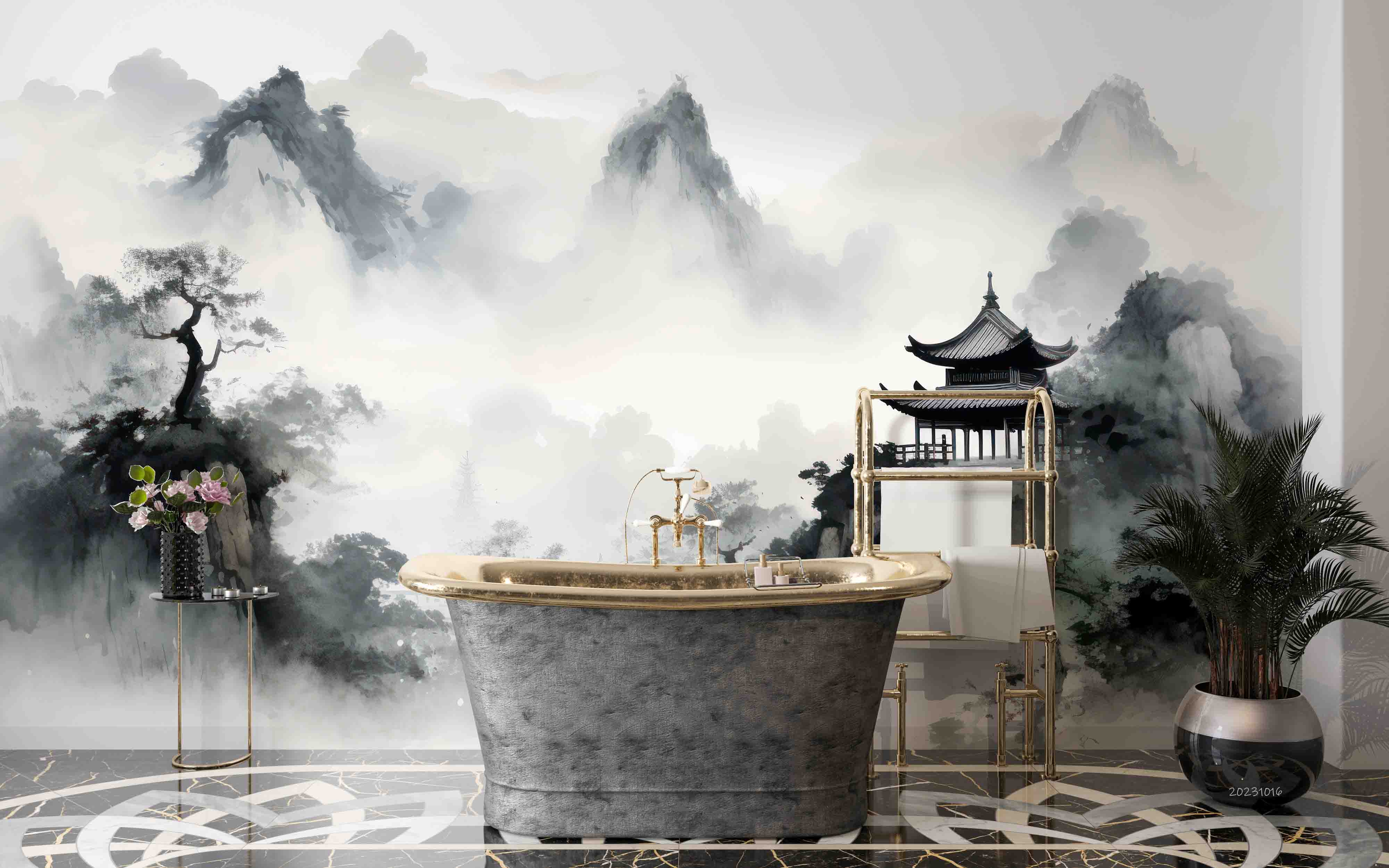 3D Tree Mountain Pavilion Fog Wall Mural Wallpaper YXL 2975