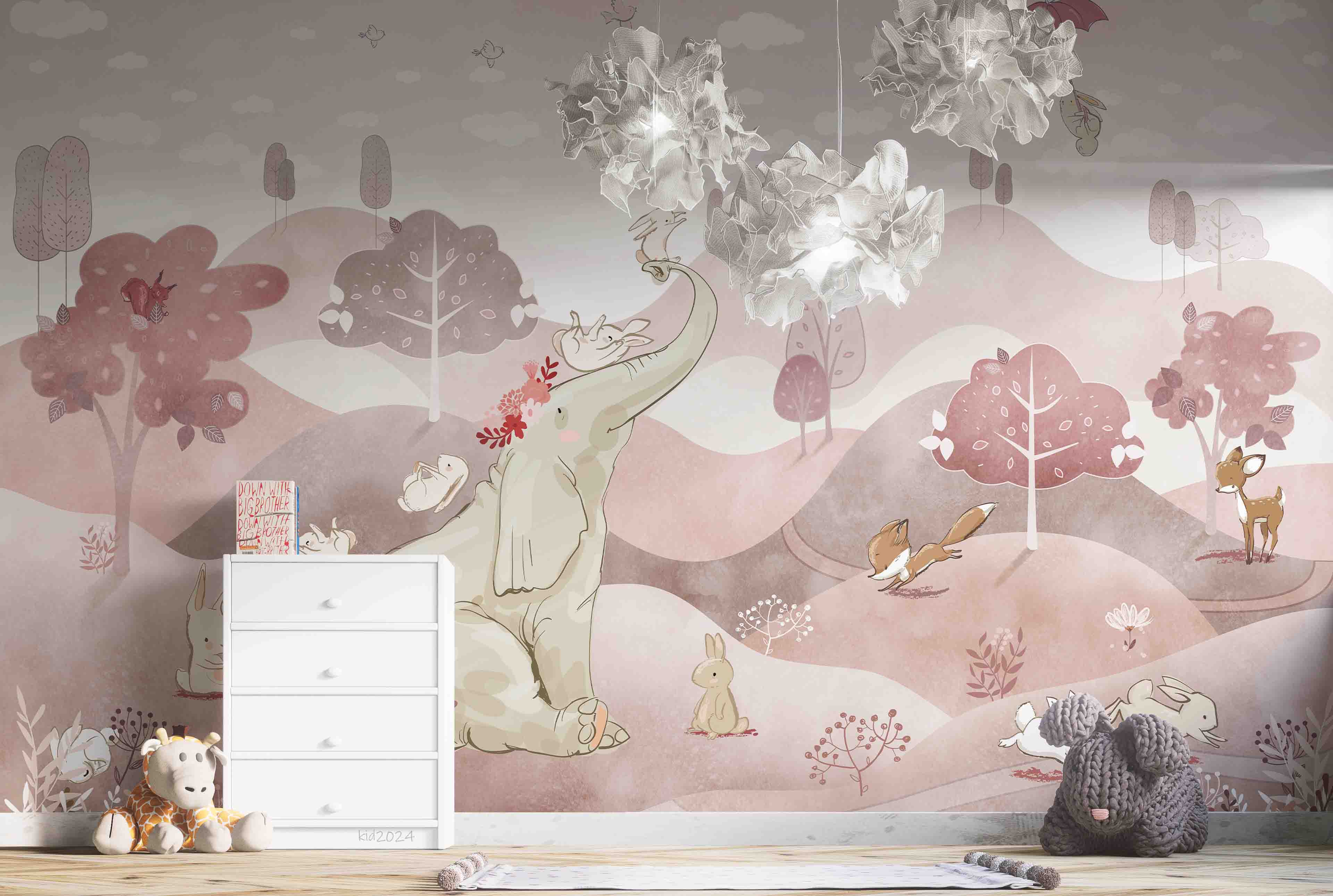 3D Tree Fox Elephant Rabbit Bird Umbrella Wall Mural Wallpaper YXL 392