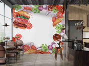 3D Restaurant Snack Bar Diner Fast Food Hamburger Vegetable Wall Mural Wallpaper 9