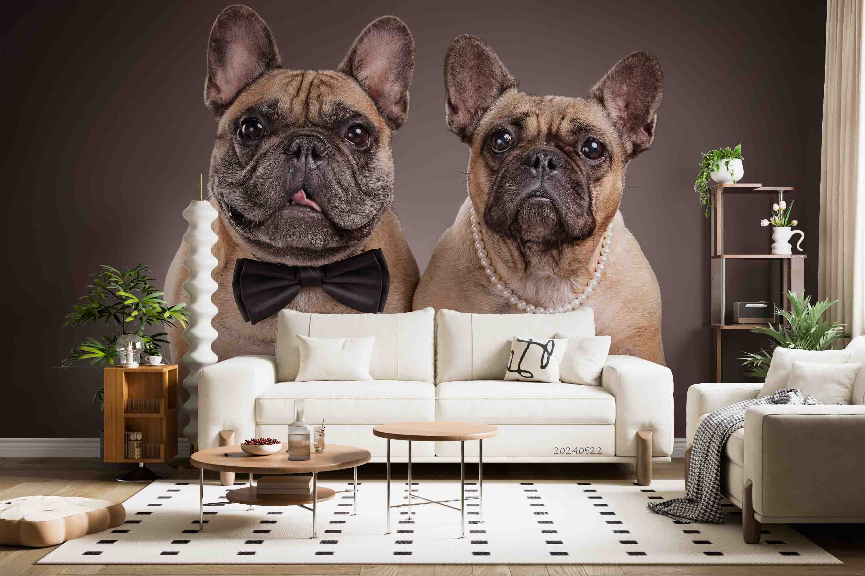 3D Animal Dog Bulldog Brown Bowknot Wall Mural Wallpaper YXL 514