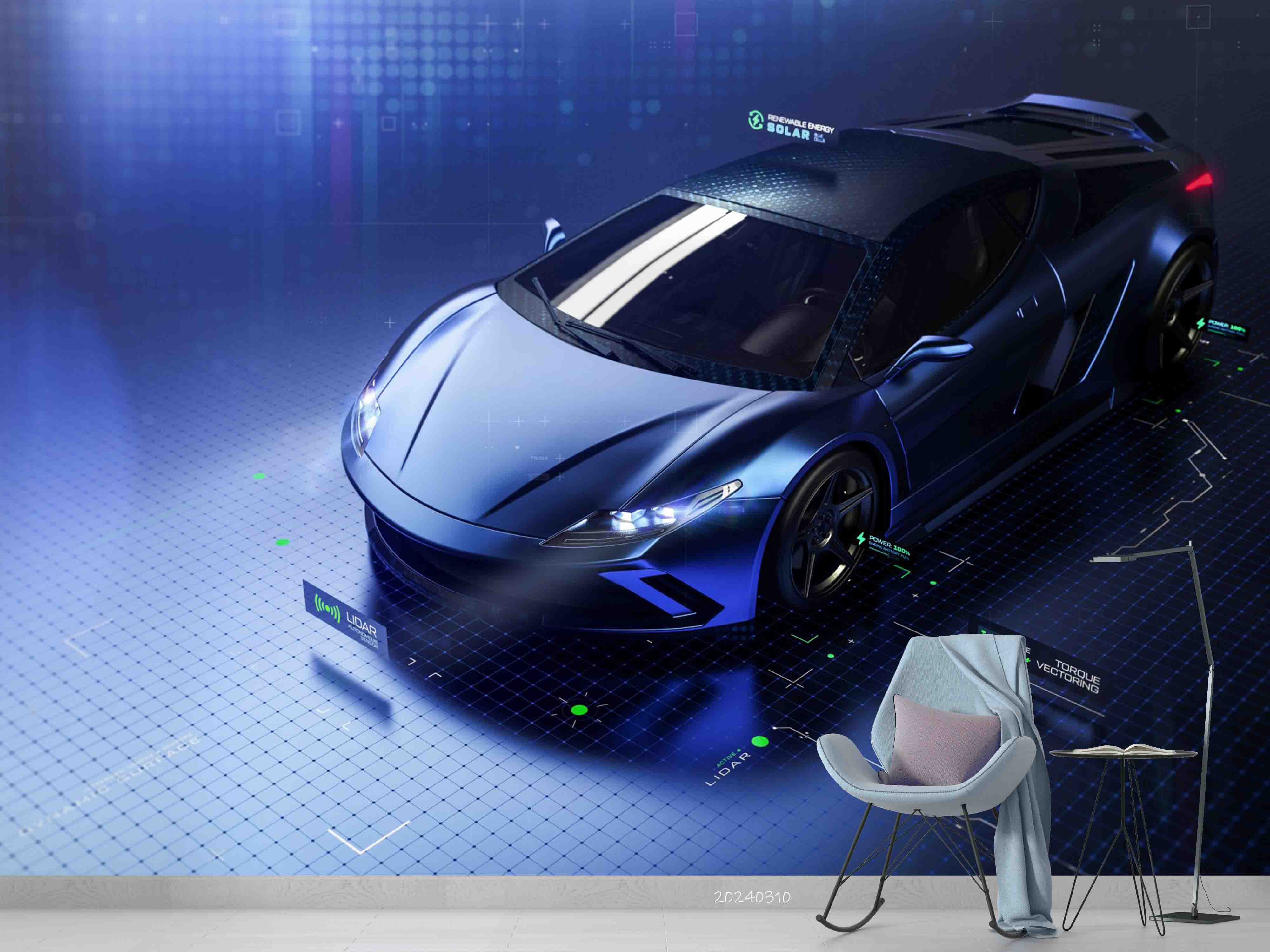 3D Blue Sports Car Wallpaper Wall Mural Wall Decor Wall Art Wall Sticker Remoable Wallpaper
