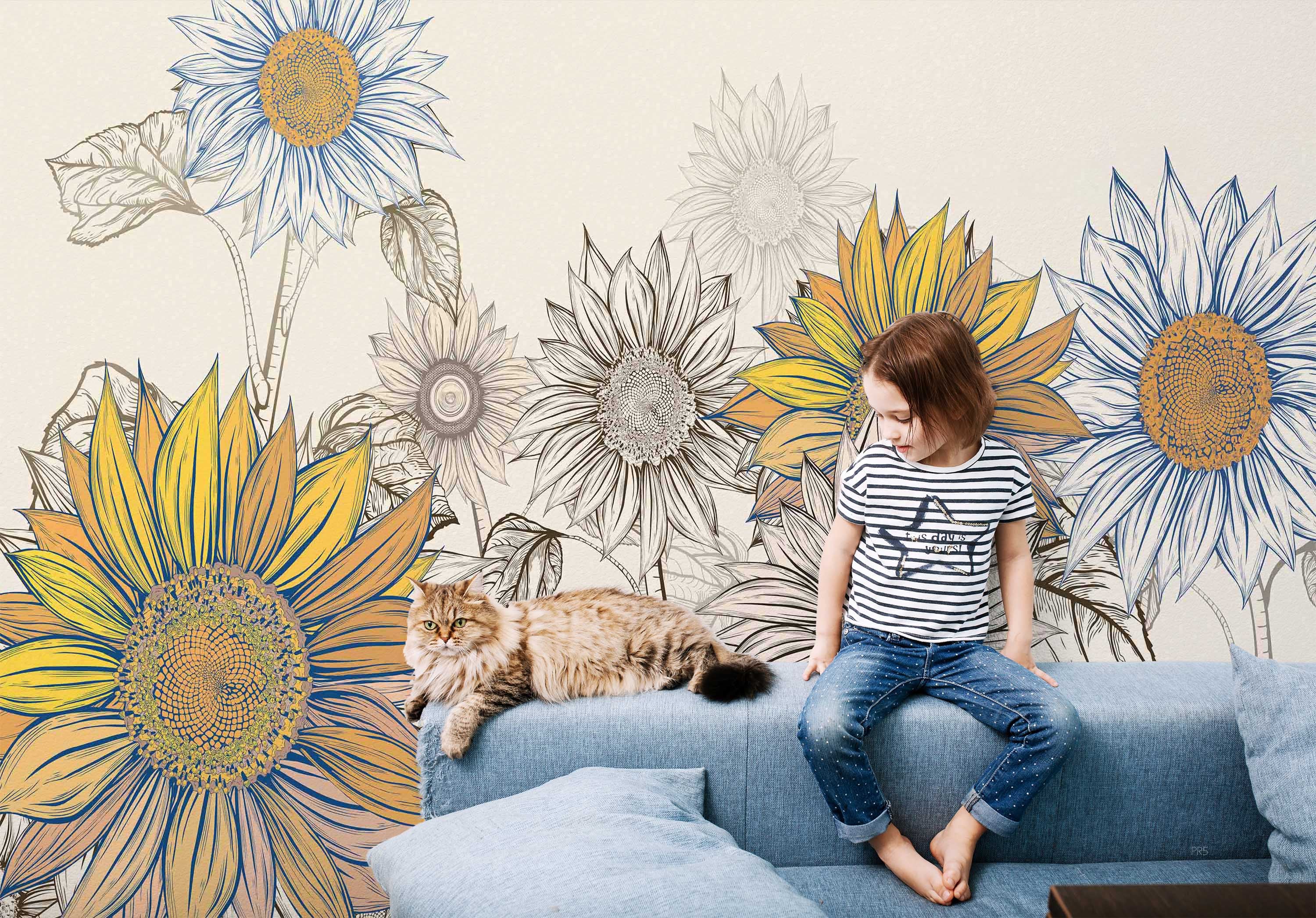 3D Freehand Sketching Sunflower Leaf Wall Mural Wallpaper YXL 2855