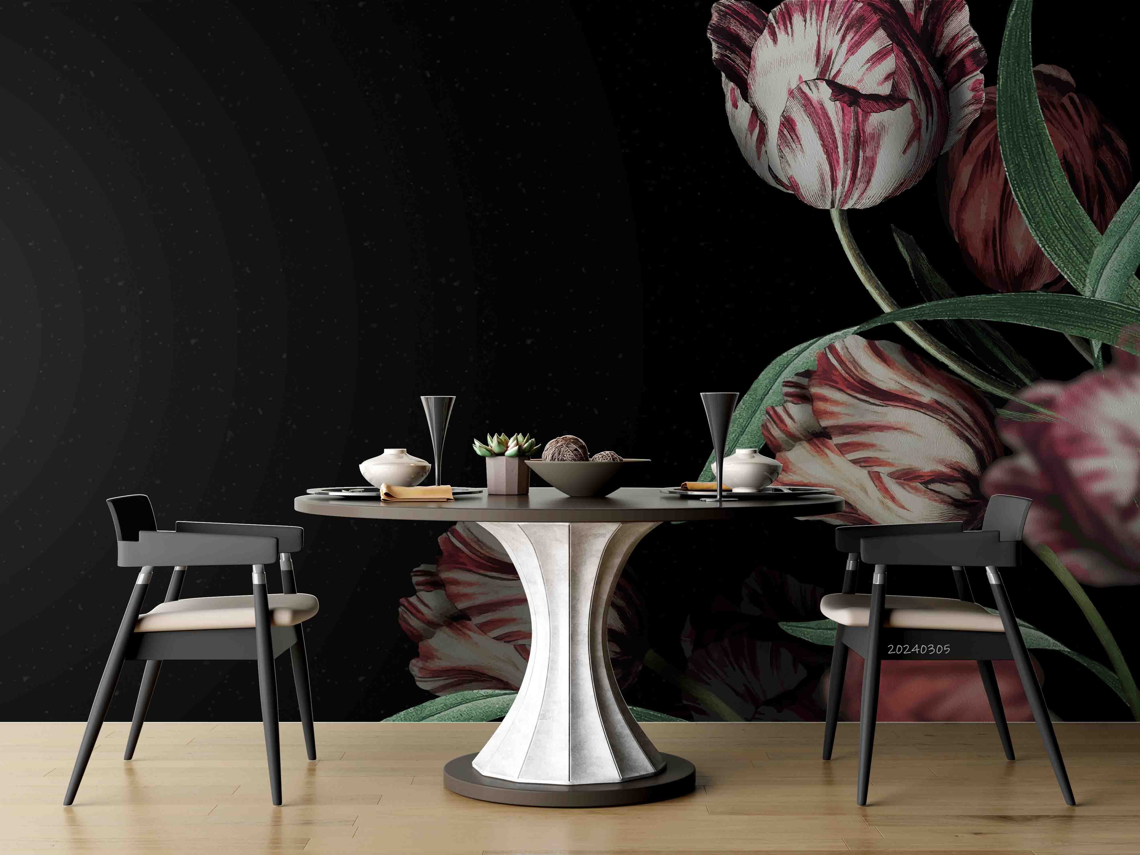 3D Red Tulip Leaves Dark Background Wallpaper Wall Mural Wall Decor Wall Art Wall Sticker Remoable Wallpaper
