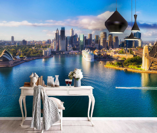 3D City Lake Architecture city skyline lake landscape wall mural wallpaper for office