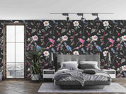 3D Vintage Floral Leaf Bird Black Background Wall Mural Wallpaper GD 4893- Jess Art Decoration