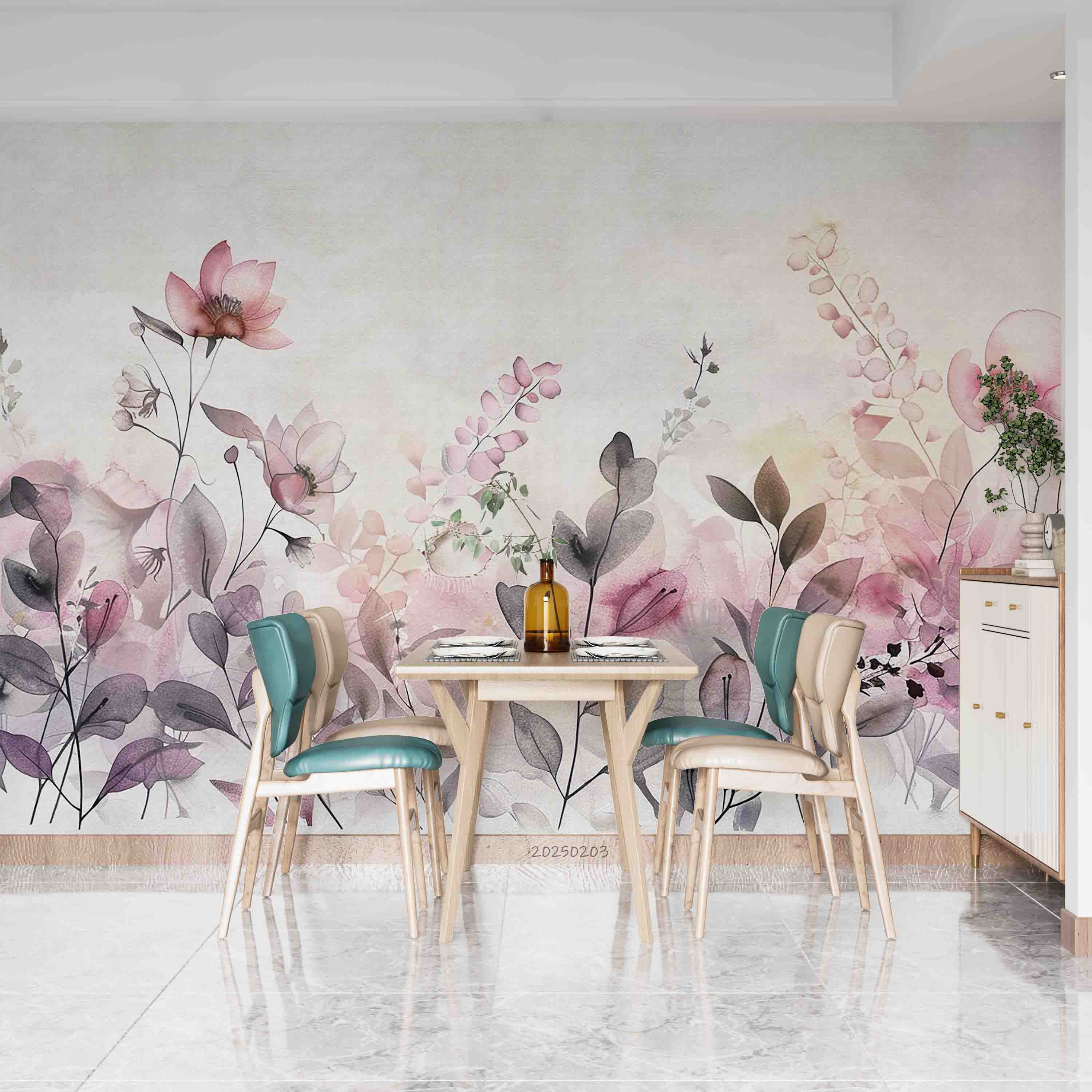 3D Watercolor Pink Floral Leaf Wallpaper Wall Mural Wall Decor Wall Art Wall Sticker Remoable Wallpaper LQH
