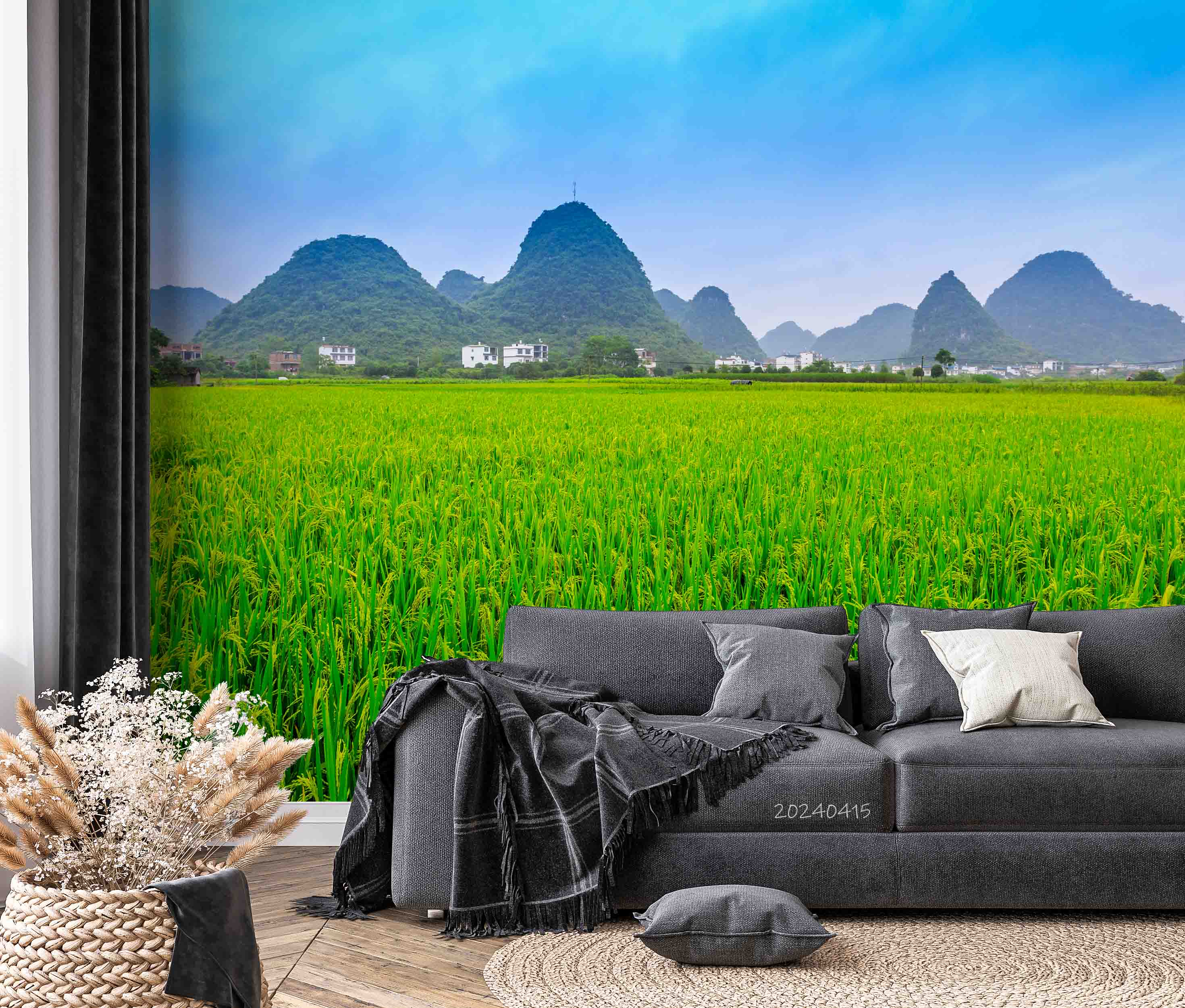 3D Watercolor Mountains Wheat Field Rice Green Wallpaper Wall Mural Wall Decor Wall Art Wall Sticker Remoable Wallpaper