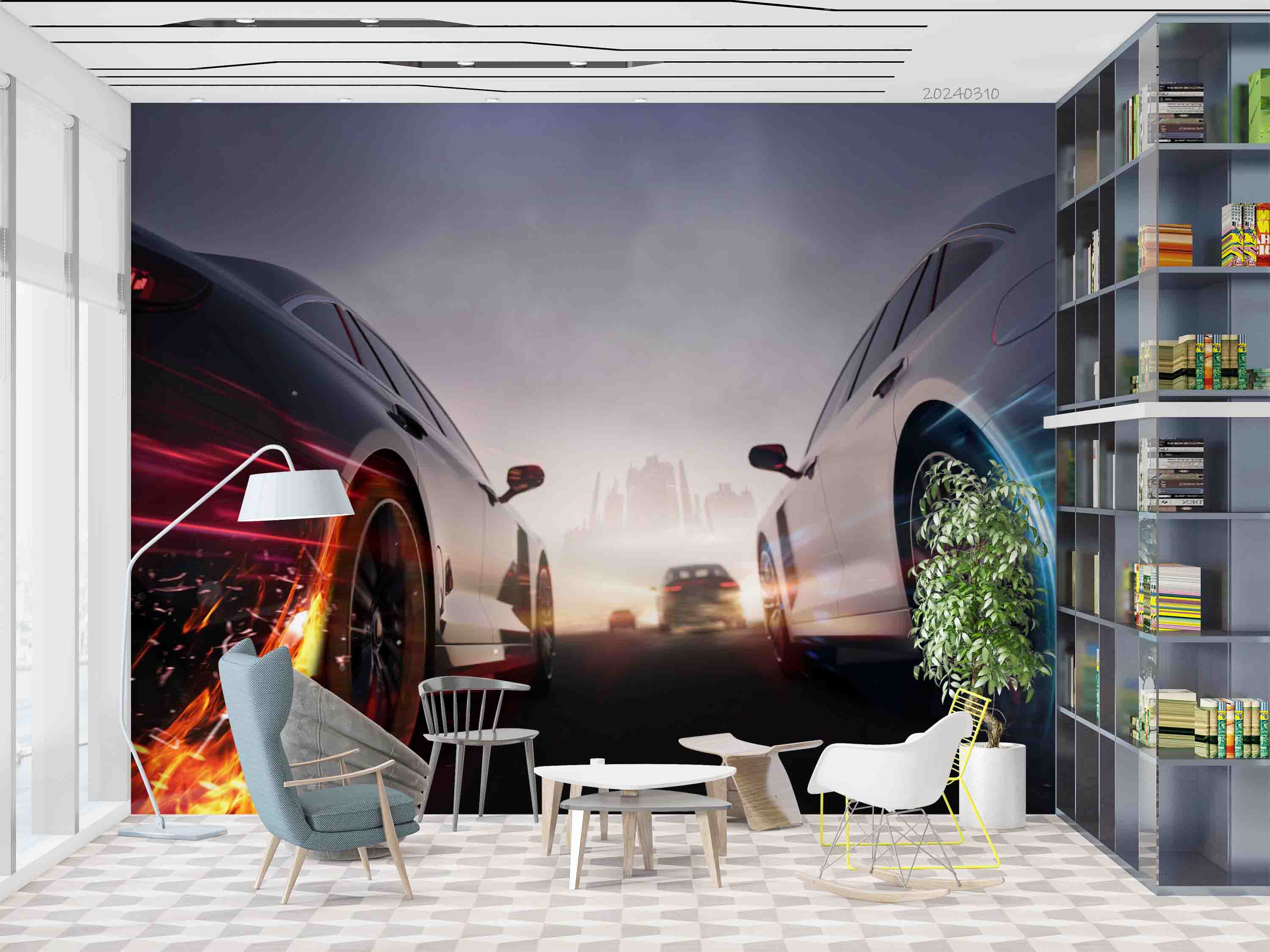 3D White Black Sports Car Wallpaper Wall Mural Wall Decor Wall Art Wall Sticker Remoable Wallpaper