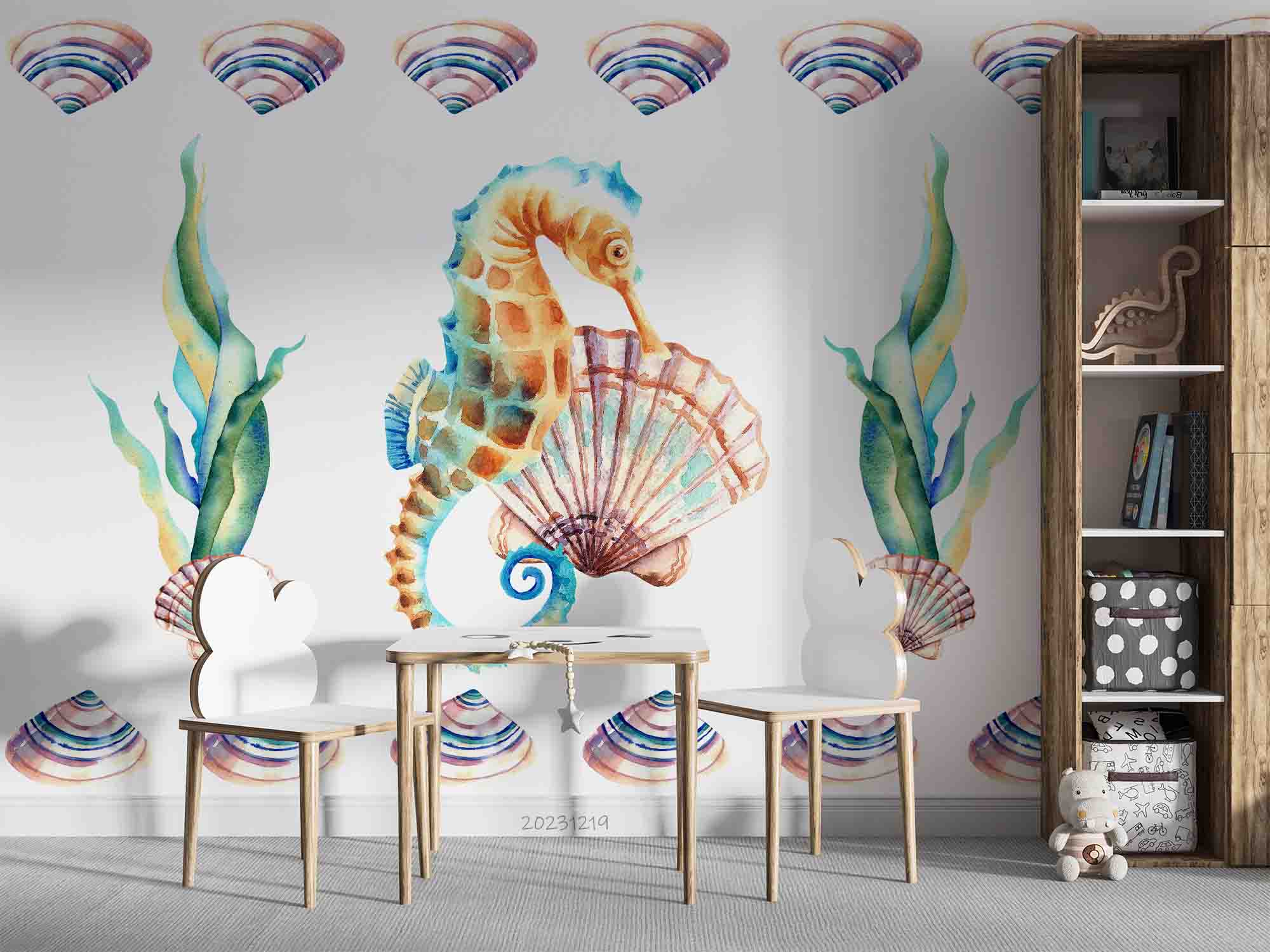 3D Animal Sea Horse Conch Coral Wall Mural Wallpaper YXL 48