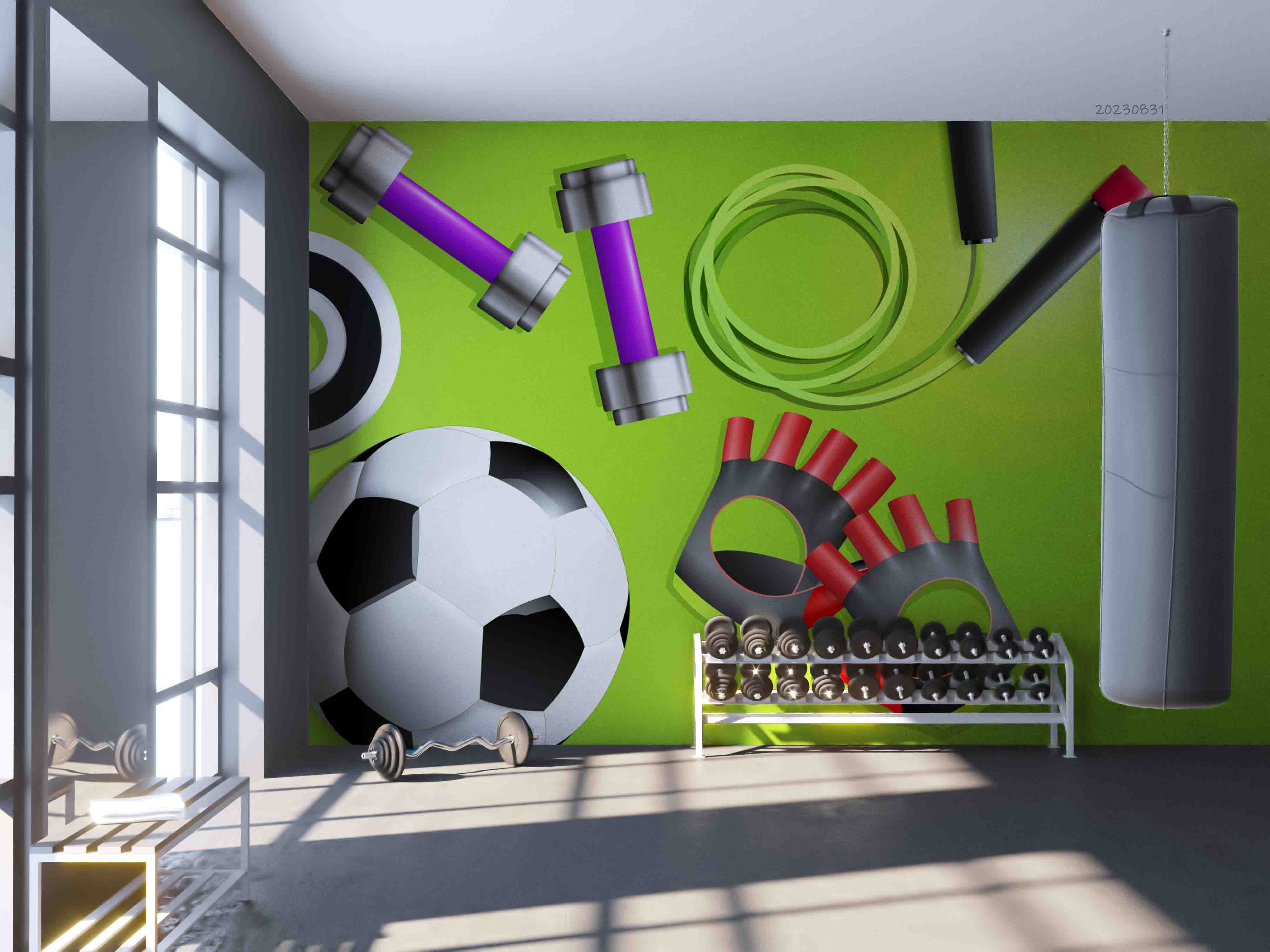 3D Football Grassland Dumbbell Rope Skipping Wall Mural Wallpaper YXL 2374