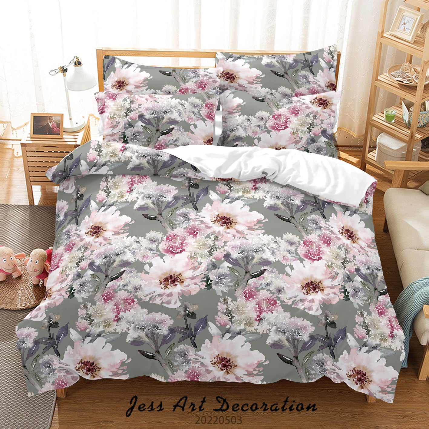 3D Floral Leaf Small Daisy Gray Quilt Cover Set Bedding Set Duvet Cover Pillowcase 543