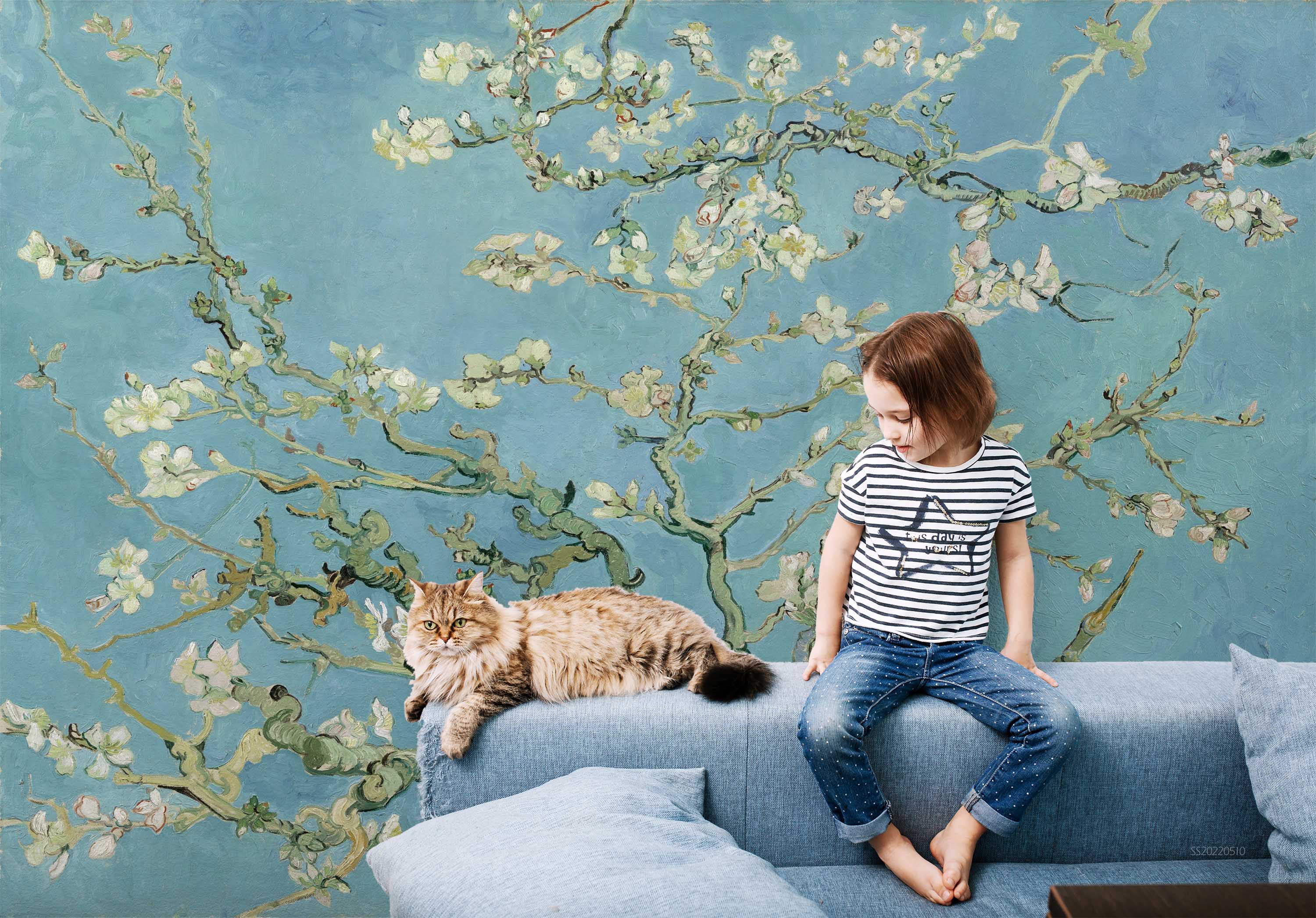 3D Chinese Spring Branch Peach Blossom Blue Background Wall Mural Wallpaper GD 4047- Jess Art Decoration