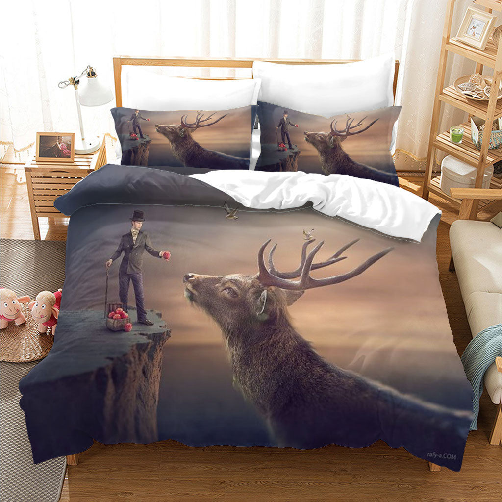 3D Mountain Deer Person Apple Quilt Cover Set Bedding Set Duvet Cover Pillowcases 1167