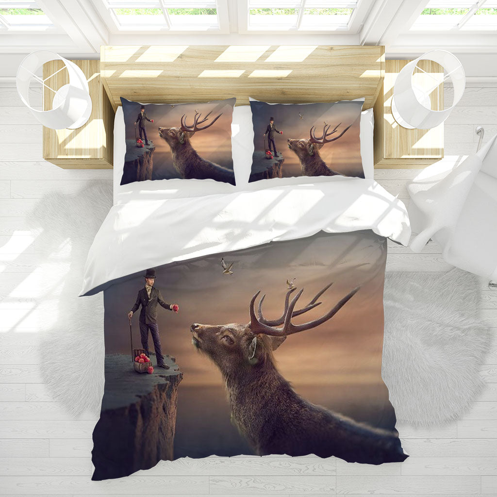 3D Mountain Deer Person Apple Quilt Cover Set Bedding Set Duvet Cover Pillowcases 1167