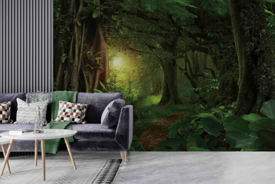 3D Sunlit Forest Tree sunlit green forest landscape wall mural wallpaper for living room - view 3