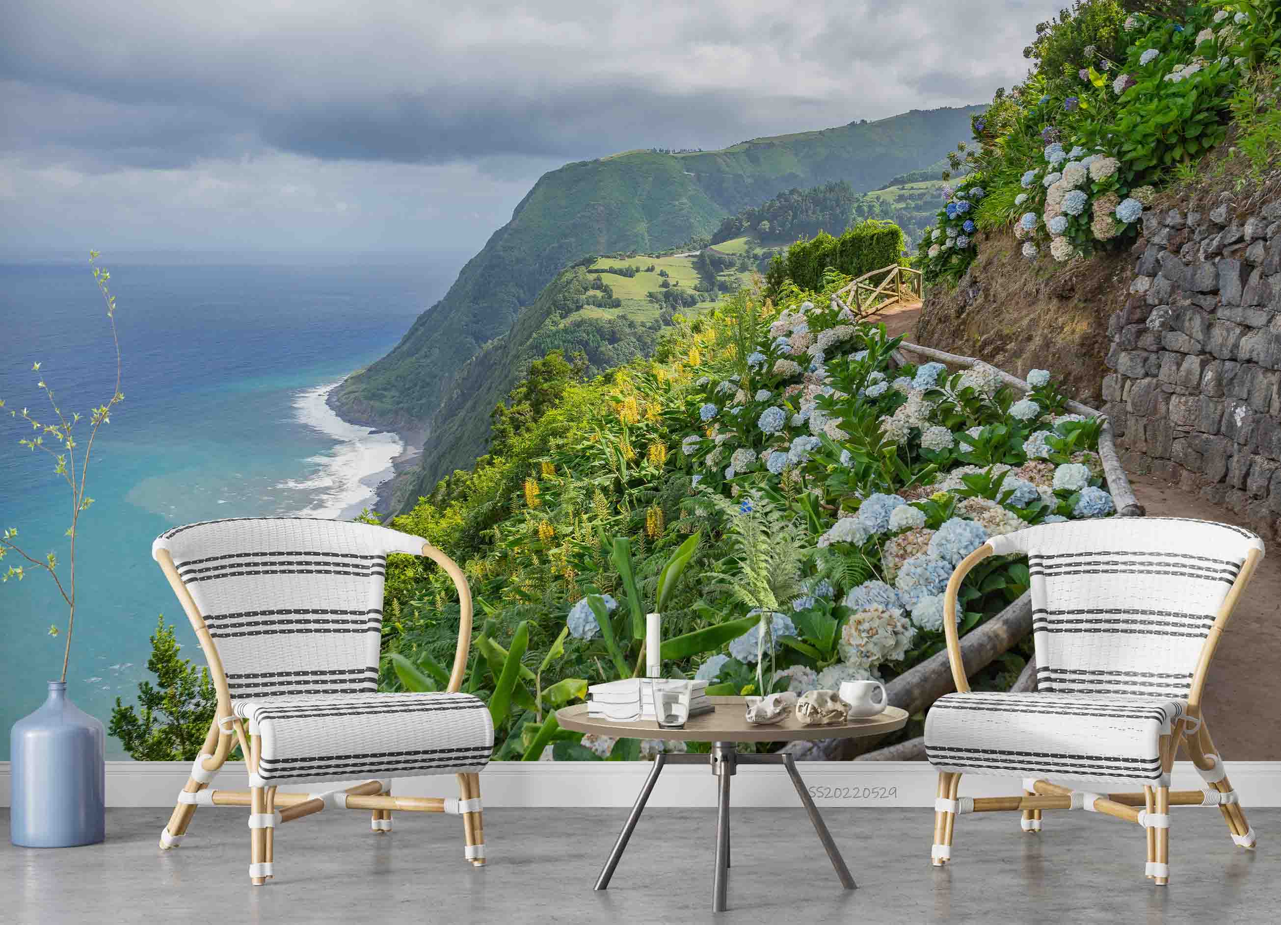 3D Coastal Trail Hydrangea Hill Dark Clouds Azores Portugal Wall Mural Wallpaper GD 4369- Jess Art Decoration