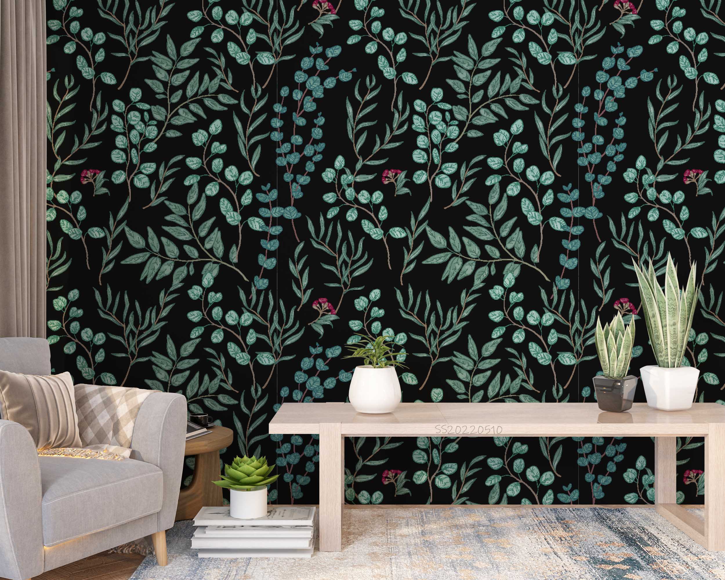 3D Vintage Botanical Eucalyptus Branches Flowers Black Background Wall Mural Wallpaper GD 4056- Jess Art Decoration