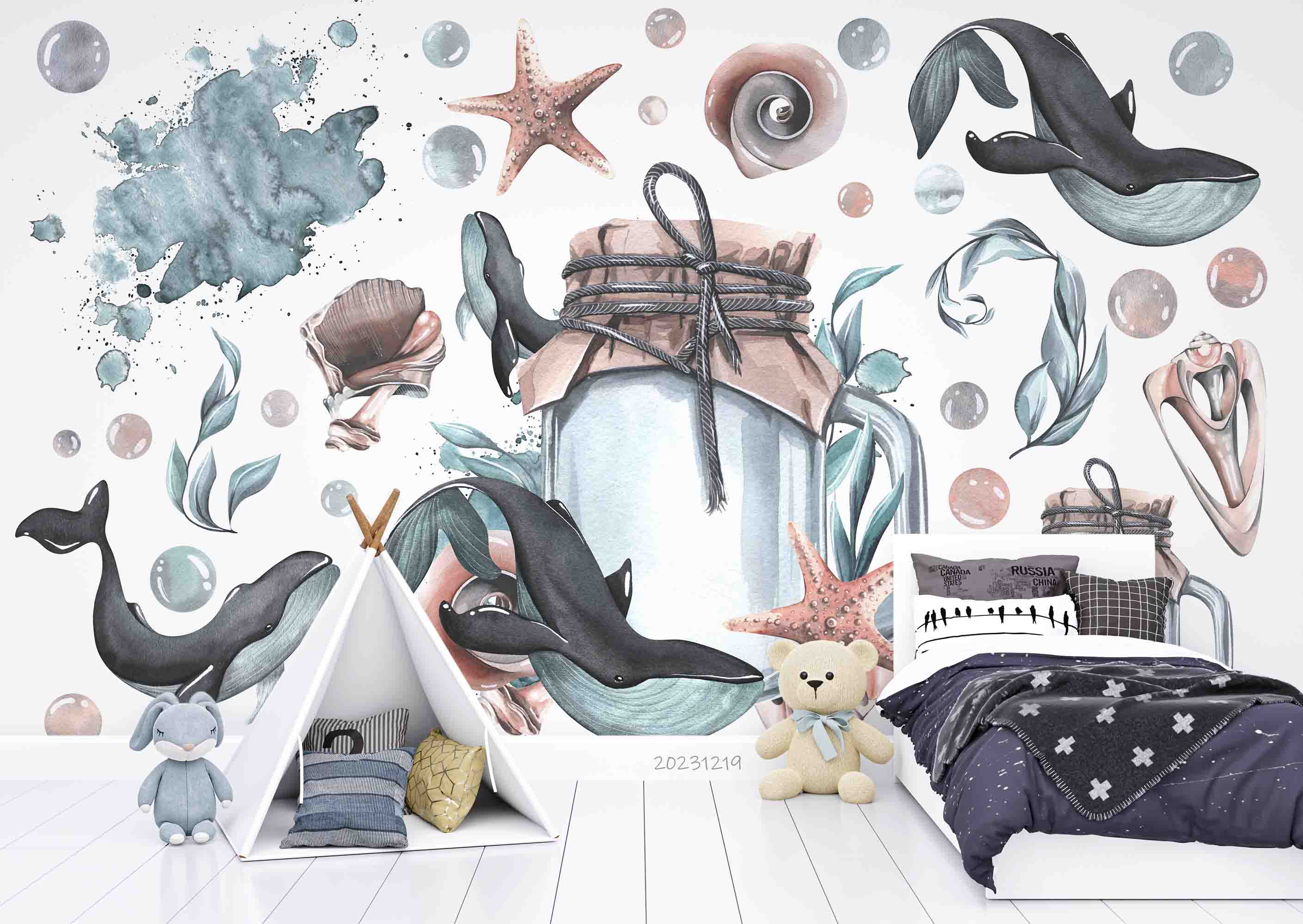 3D Animal Whale Sea Drift Bottle Starfish Coral Wall Mural Wallpaper YXL 13