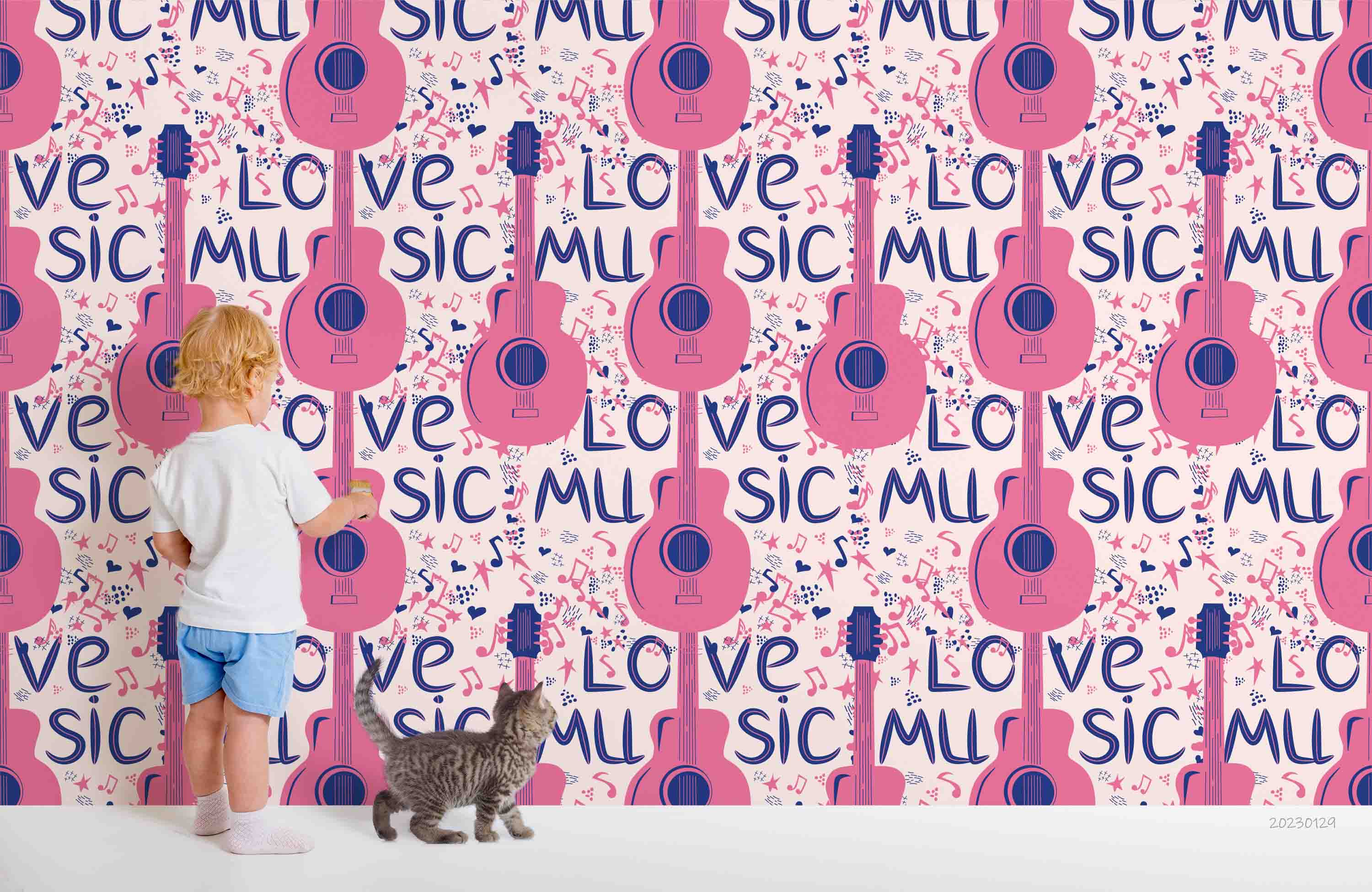 3D Pattern Guitar Pink Letter Note Wall Mural Wallpaper YXL 07- Jess Art Decoration