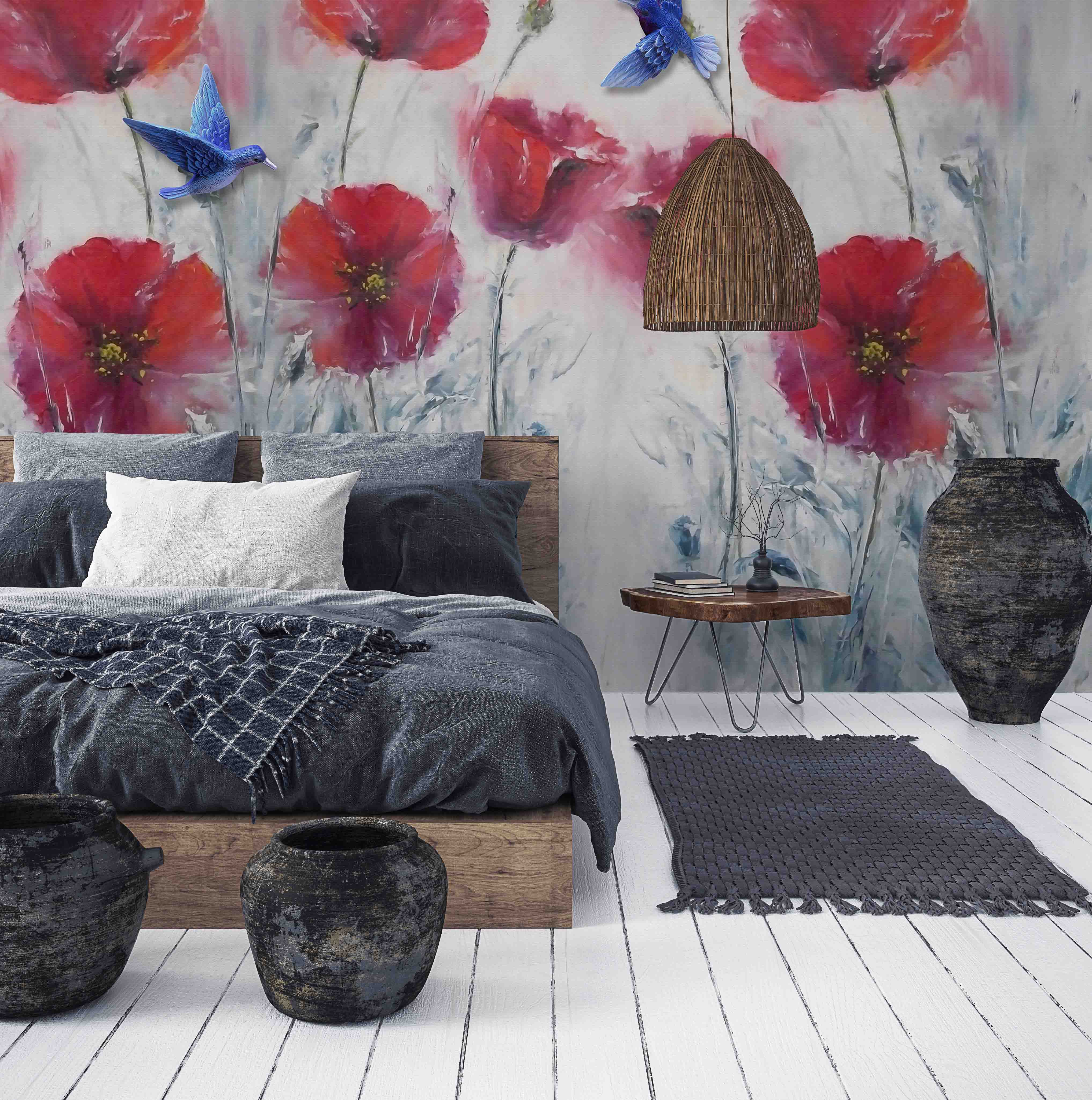 3D Vintage Red Poppy vintage red flower painting wall mural wallpaper for bedroom - view 2