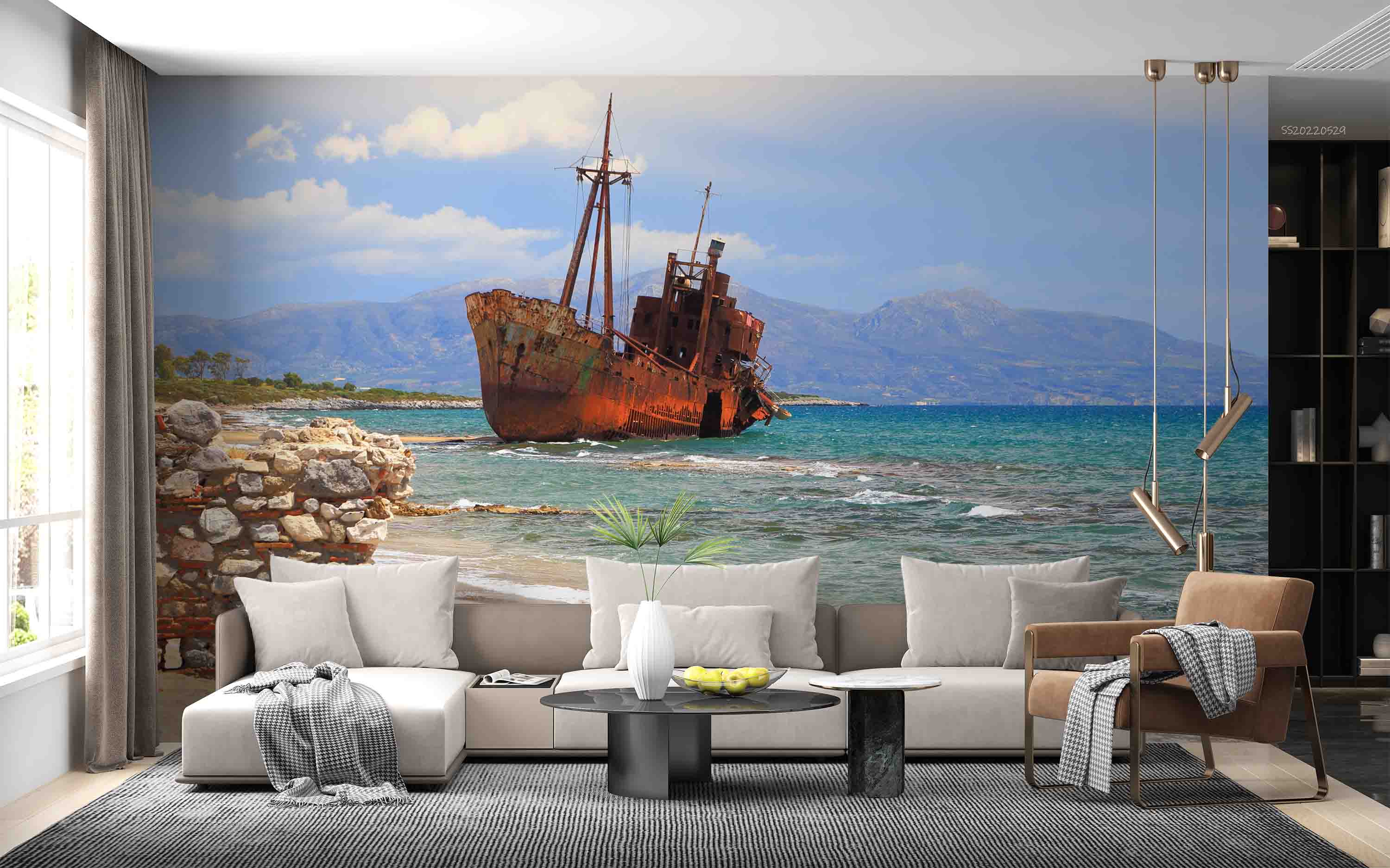 3D Selinitsa Beach Rusty Shipwreck Yungisio Greece Wall Mural Wallpaper GD 4328- Jess Art Decoration