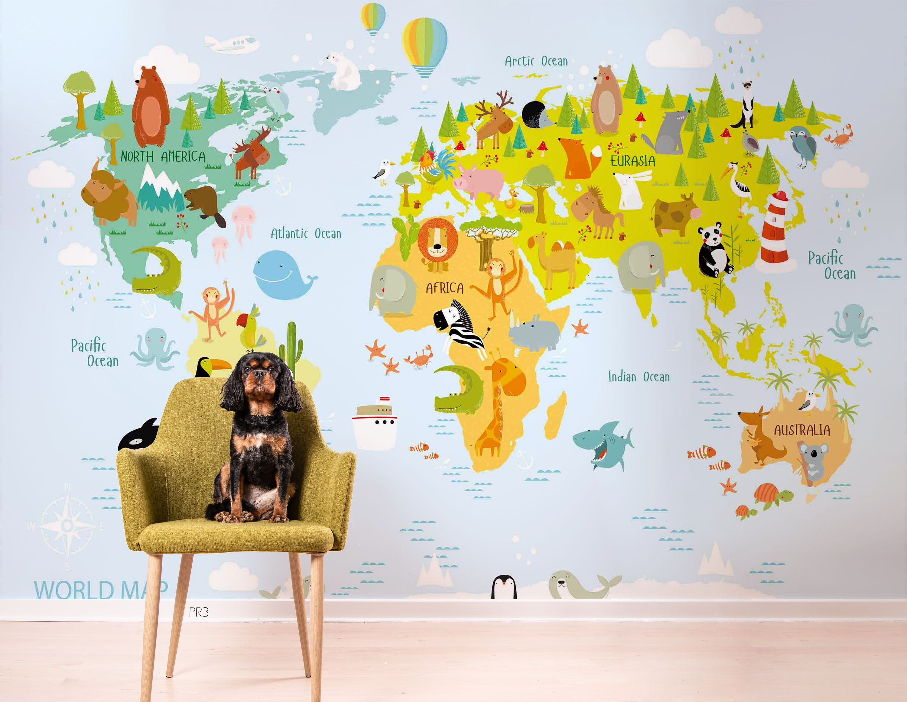 3D World Map Cartoon Animals Wall Mural Wallpaper GD 3833- Jess Art Decoration