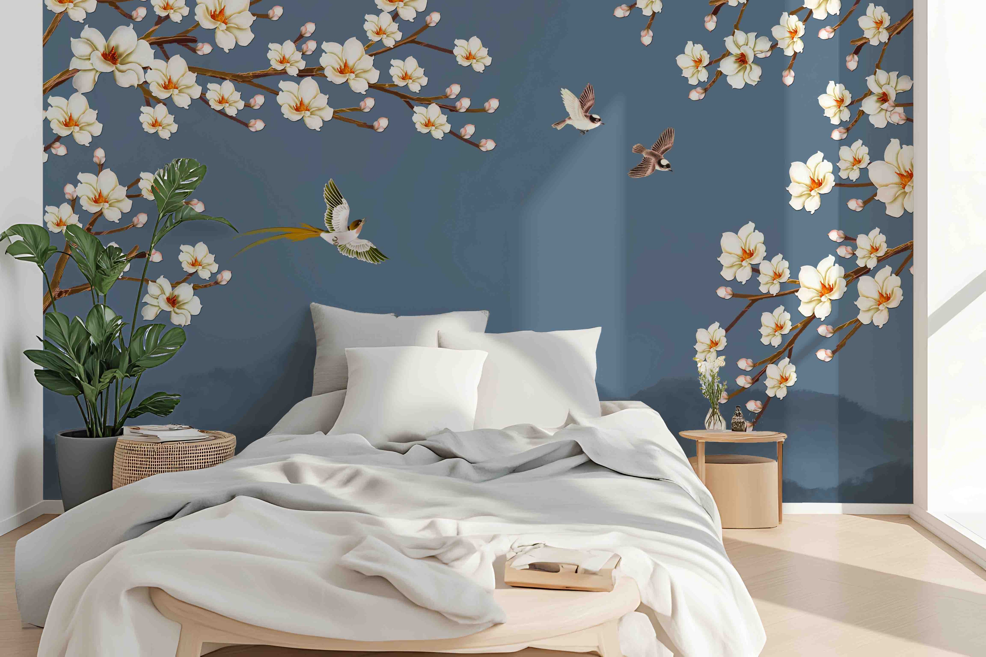 3D Blue Blossom Bird Wall Mural Wallpaper 2683