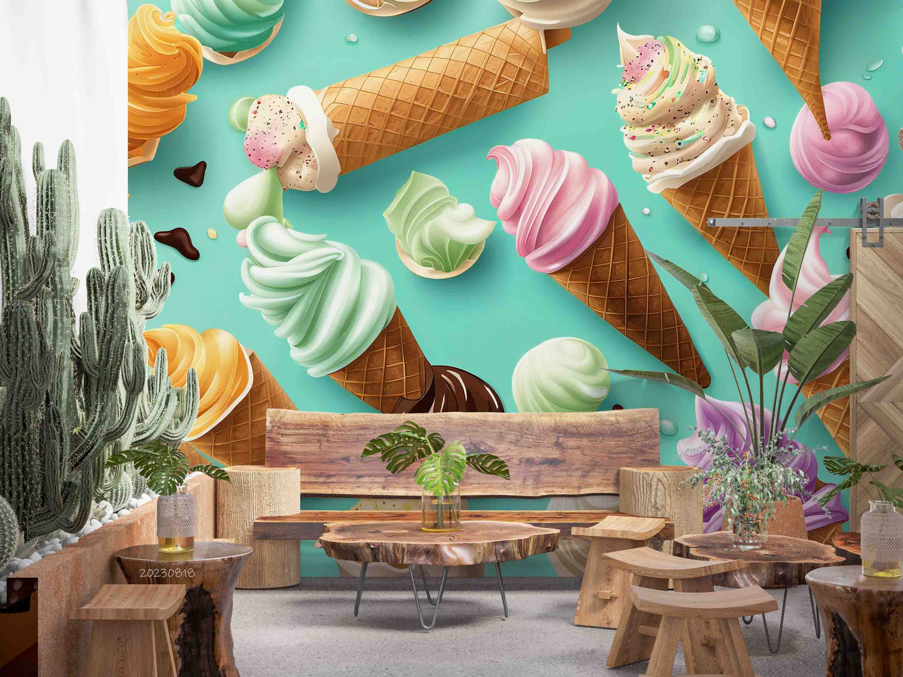 3D Ice Cream Chocolate Spread Blue Wall Mural Wallpaper YXL 2334