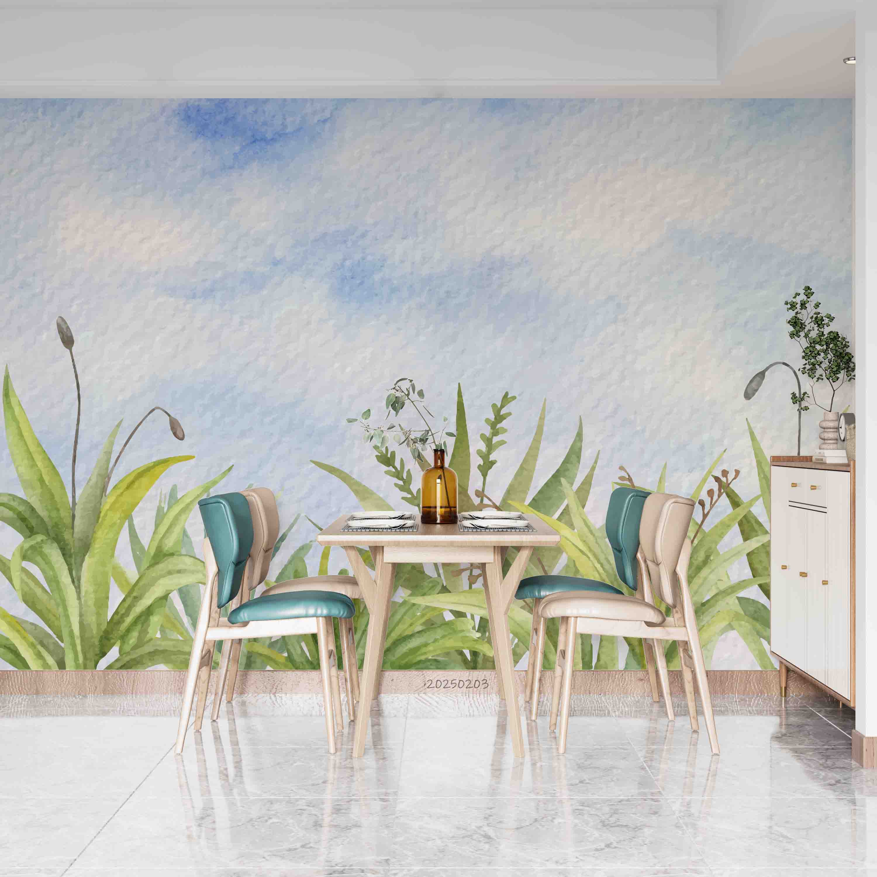 3D Watercolor Blue Sky Cloud Green Plant Wallpaper Wall Mural Wall Decor Wall Art Wall Sticker Remoable Wallpaper LQH