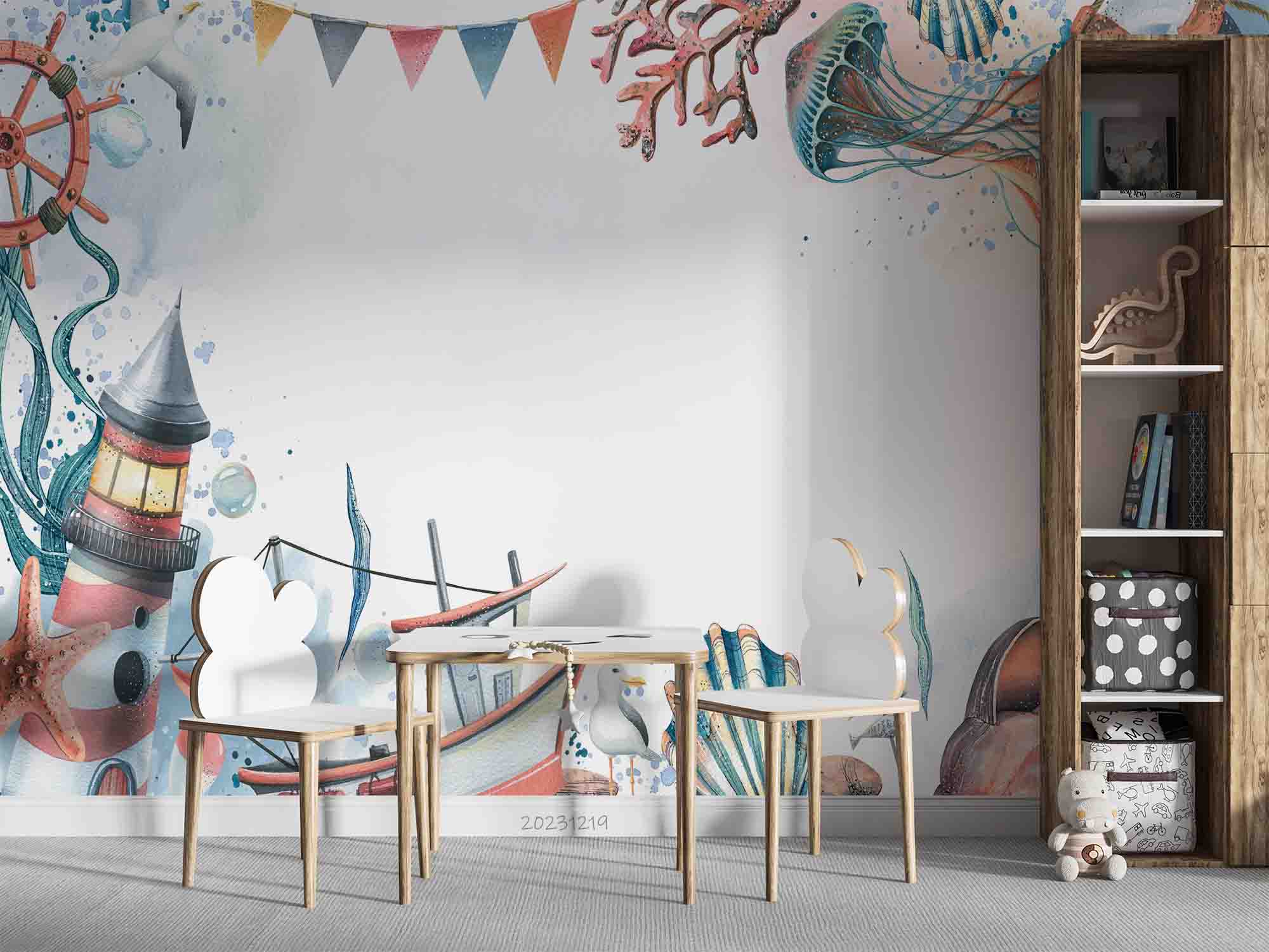 3D Animal Starfish Coral Sea Horse Octopus Sailing Tower Wall Mural Wallpaper YXL 19