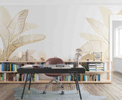 3D Hand Drawn Linear Engraving Tropical Golden Leaves Wall Mural Wallpaper GD 3368- Jess Art Decoration