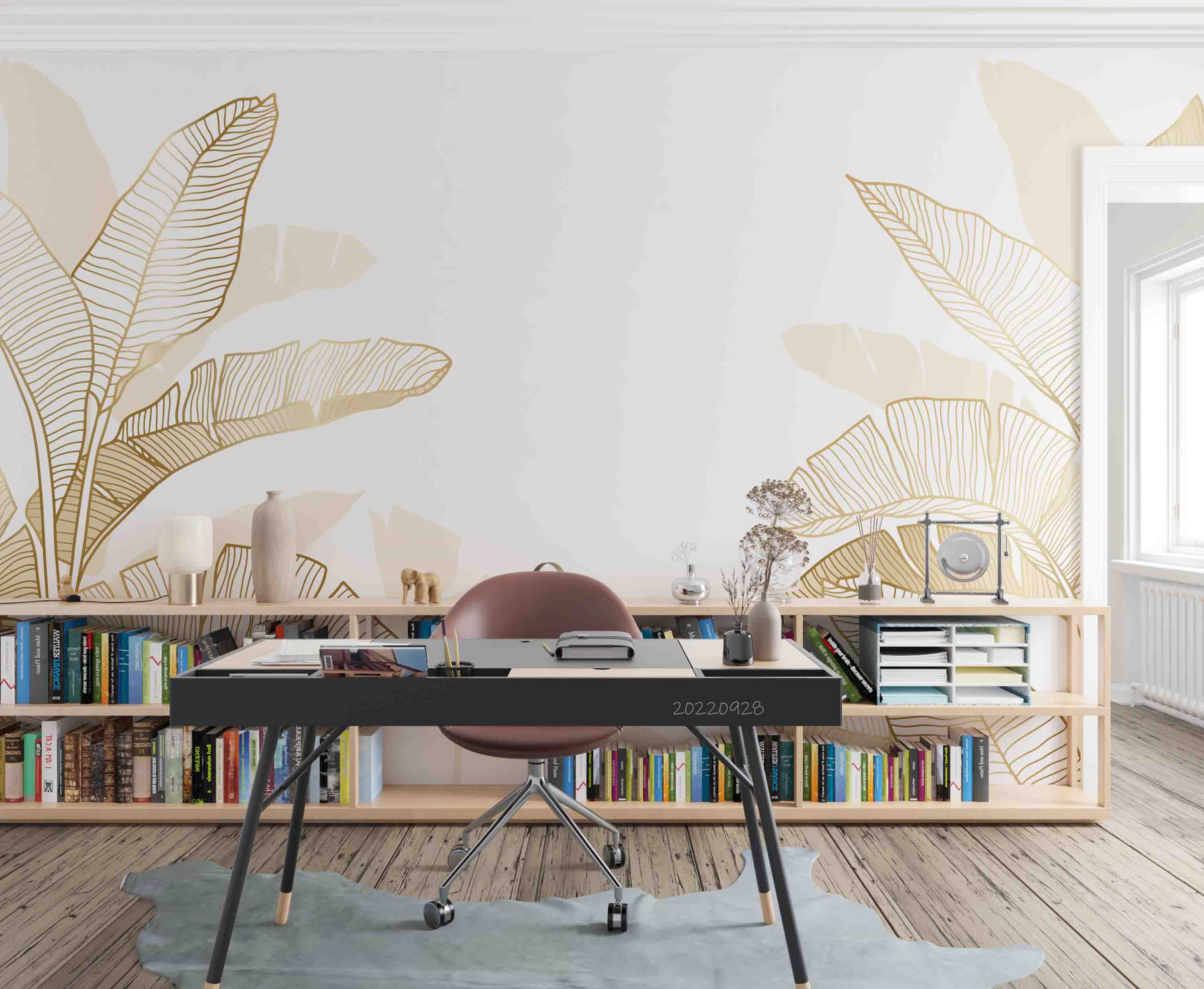 3D Hand Drawn Linear Engraving Tropical Golden Leaves Wall Mural Wallpaper GD 3368- Jess Art Decoration