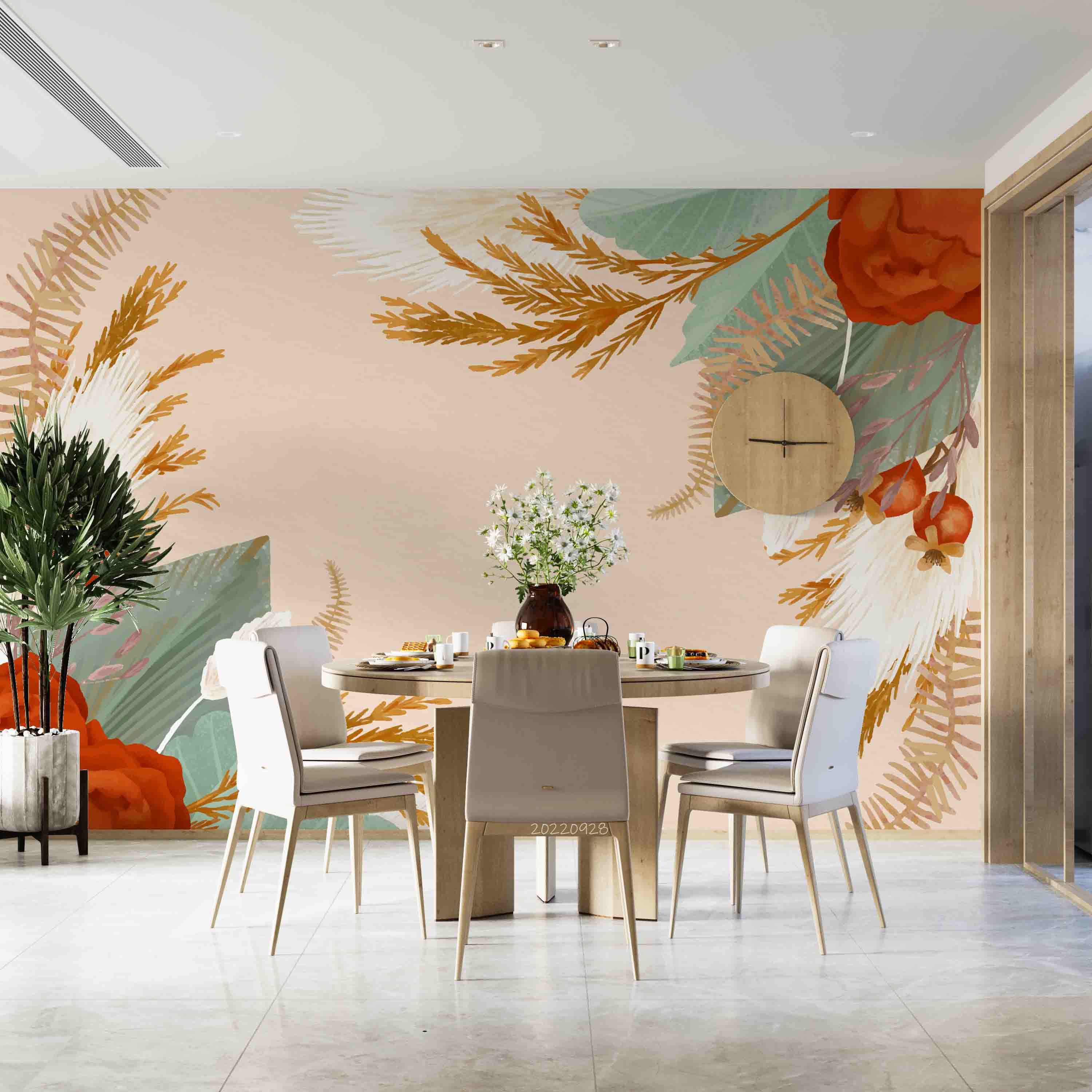 3D Watercolor Boho Background Floral Leaves Wall Mural Wallpaper GD 3311- Jess Art Decoration